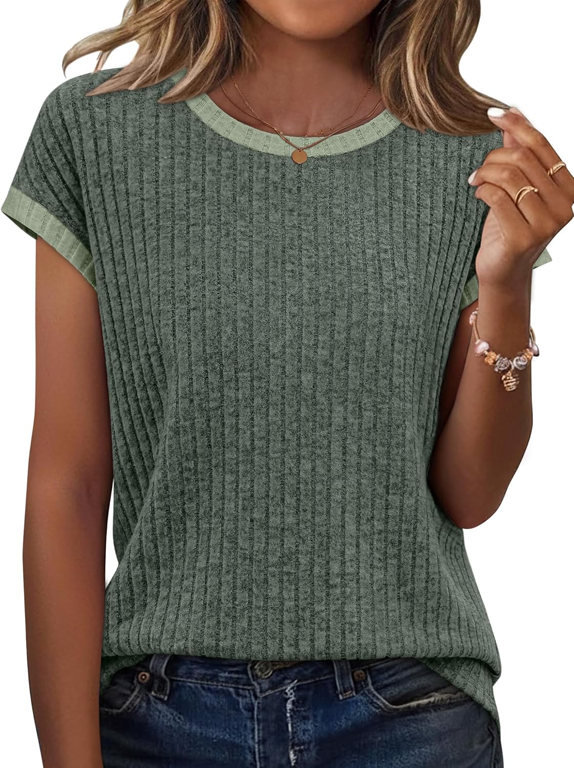 Sampeel Womens Tops Short Sleeve Shirts Loose Fit Trendy Summer Outfits Dressy Casual Spring Clothes Lightweight Sweaters