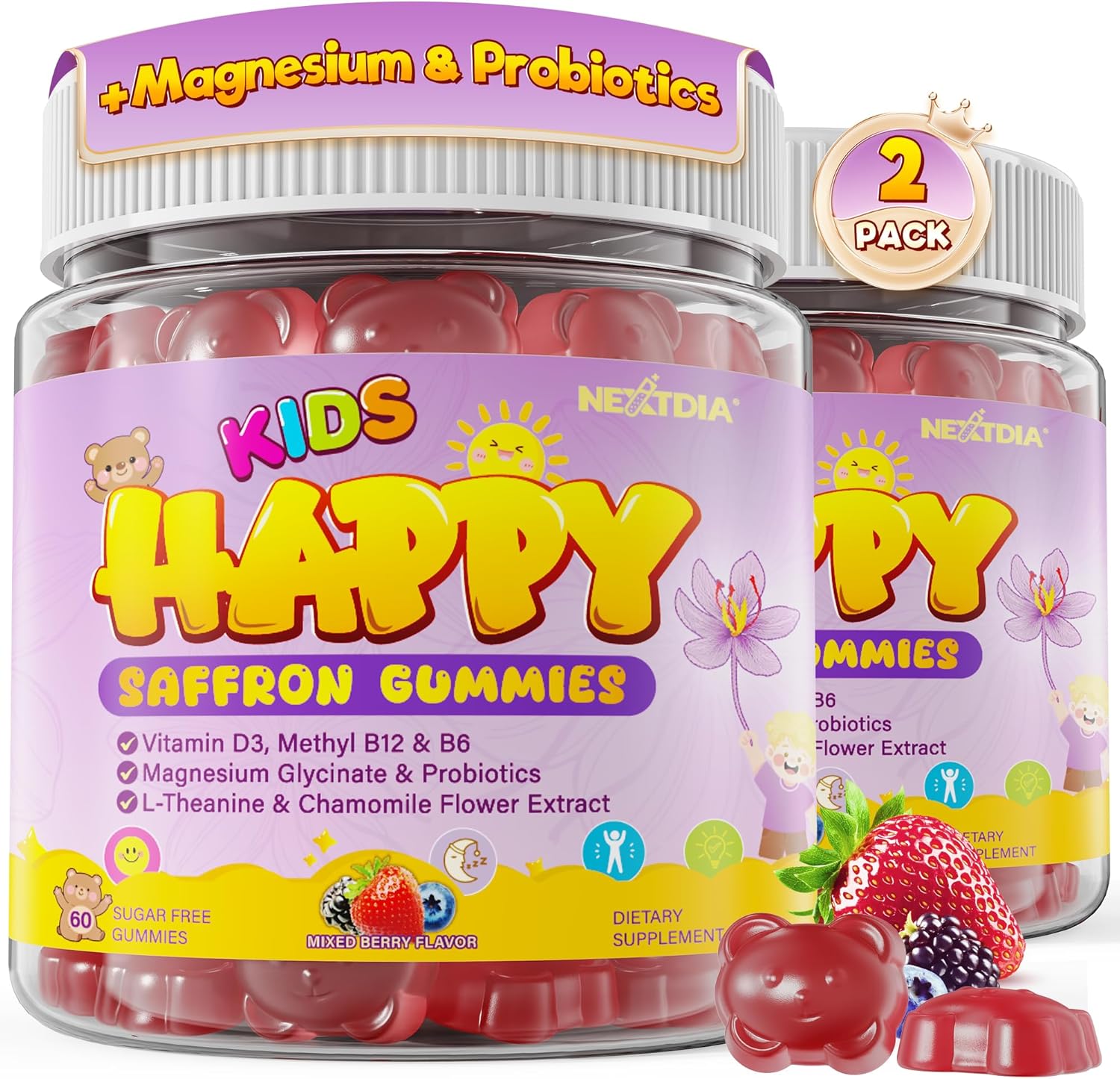 Happy Saffron Gummies for Kids Teen, Organic Saffron + Magnesium Glycinate Supplement with Probiotics, L-Theanine, Chamomile, D3, B6, B12 for Children's Focus & Mood, Calm, Sleep, Sugar Free, 120 Cts