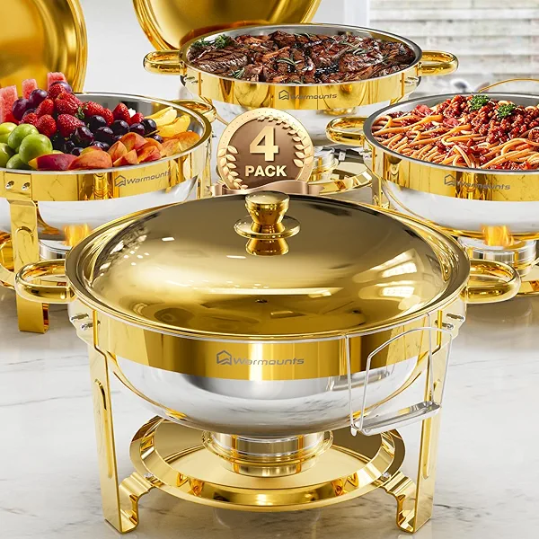 WARMOUNTS Gold Chafing Dishes for Buffet (5QT, 4 Pack), Round Stainless Steel Chafer and Warmer Set with Lid Holder, Mirror-polished, Rolled Rim Process (No Finger Cuts), for Catering, Party, Wedding