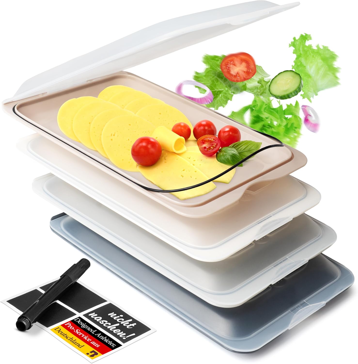 Aufschnittboxen für Kühlschrank 4er Set | Aufschnittbox stapelbar ideal zur Wurst Aufbewahrung Kühlschrank | Frischhaltedosen mit Deckel inkl. Kreidestift und 4 Tafel-Etiketten (monochrom)