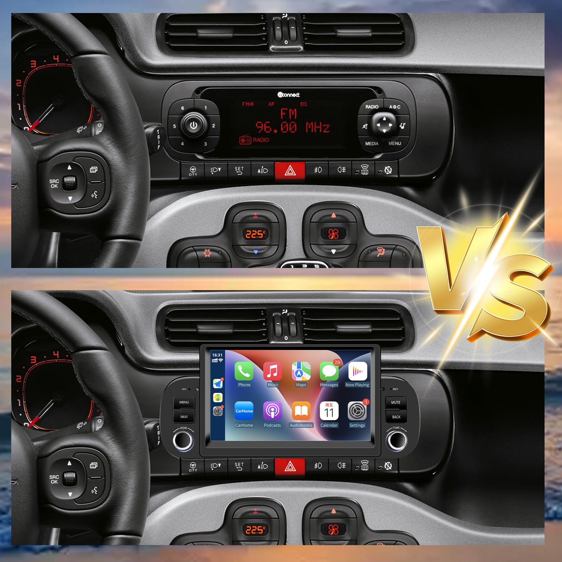 Autoradio Fiat Panda 2013-2020 con Android Auto y CarPlay Inalámbrico, 7" Pantall Radio Coche Bluetooth Estéreo IOS Android con FM GPS Navegación USB Cámara Trasera Mic Reproductor Multimedia