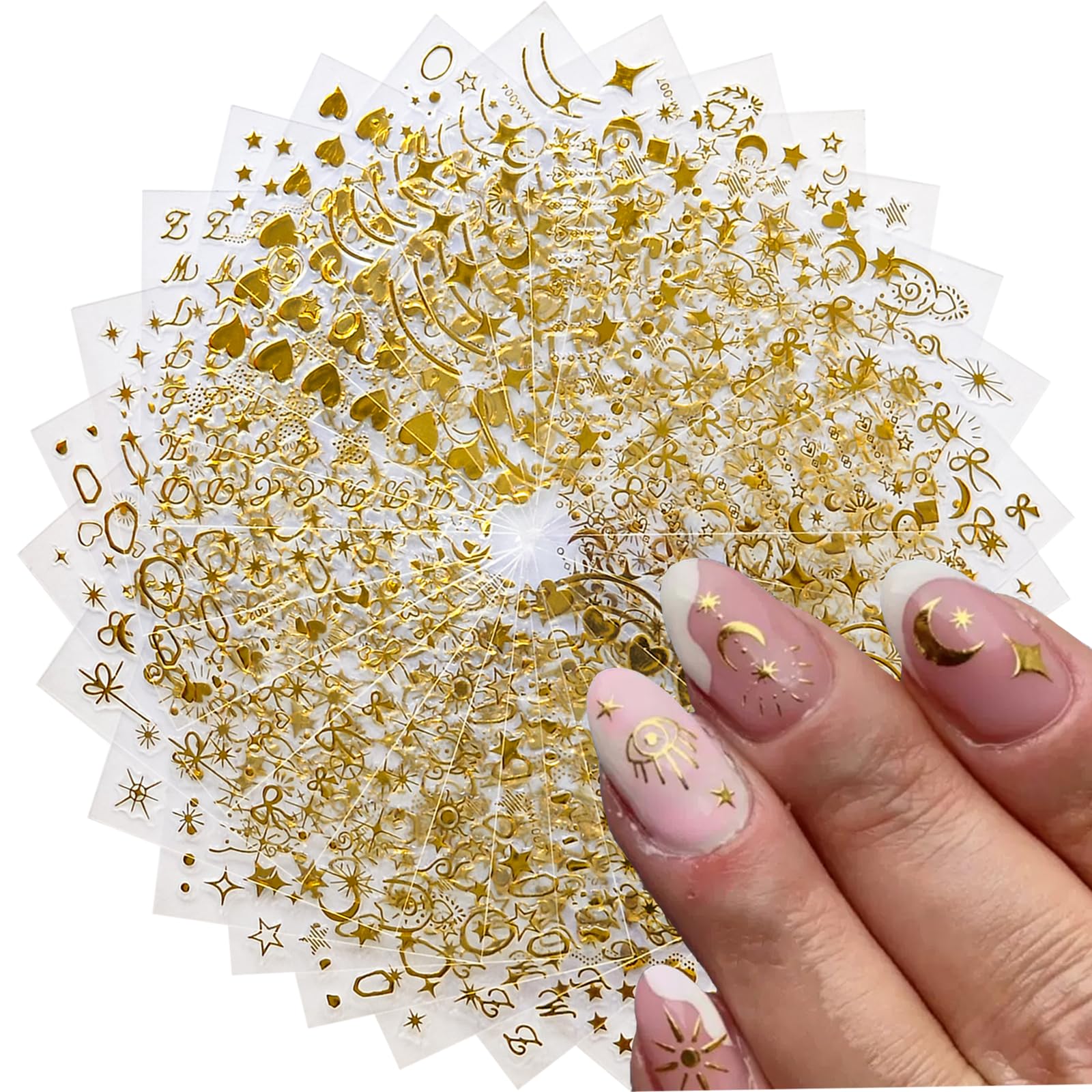 30 Sheets Gold Star Nail Art Stickers 3D Self Adhesive Moon Star Nail Decals Heart Bow Nail Sticker for Nail Art Gold Nail Supplies Decoration