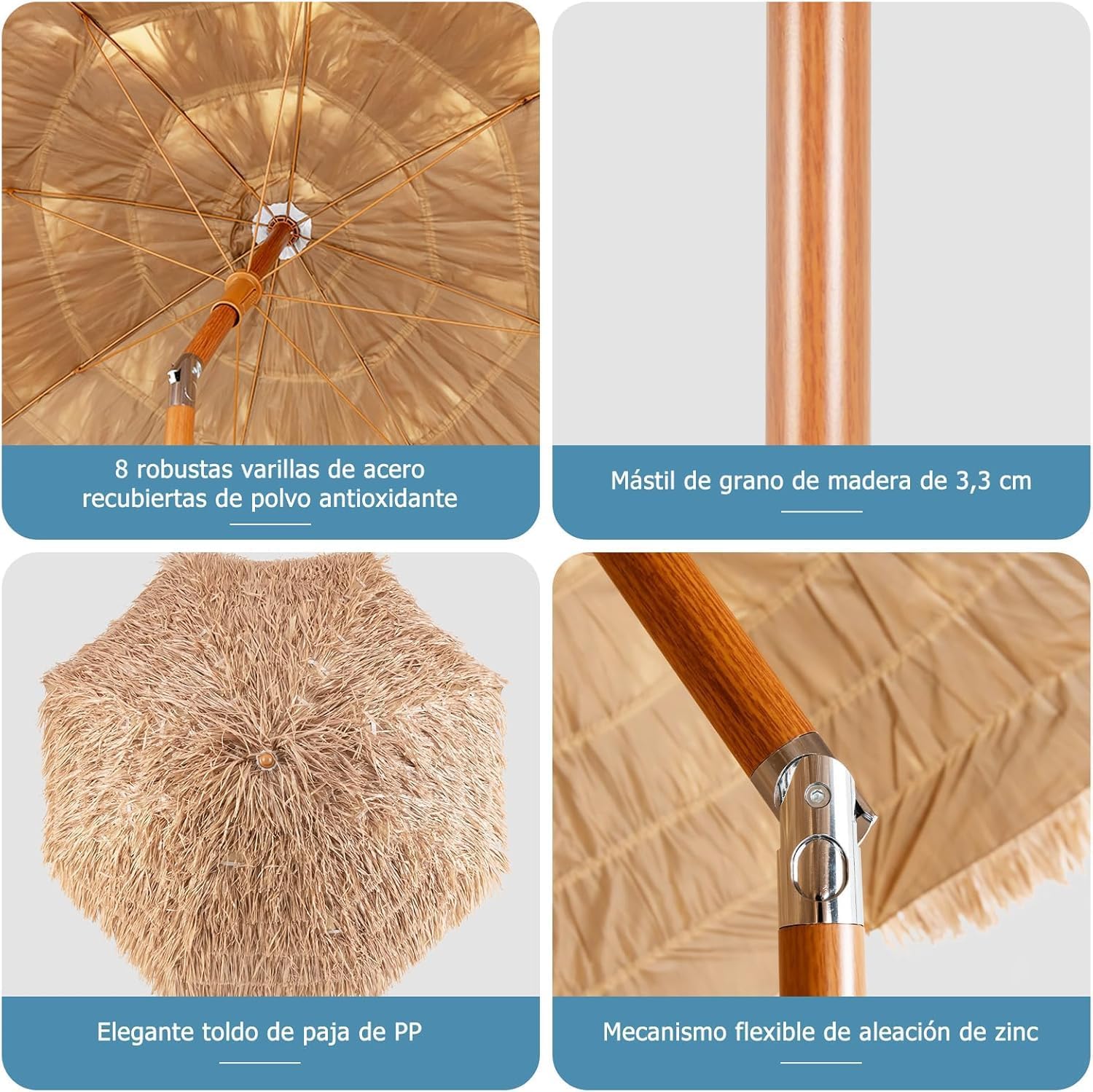 GOPLUS Conjunto de 3 piezas de Muebles, Sombrilla Paja Inclinable 2,2 M, Tumbona Jardin de Ratan Reclinable en 7 Posiciones, Base Sombrilla de HDPE para Mástiles de 33/39/48/55 mm (1, amarillo, Ratán)