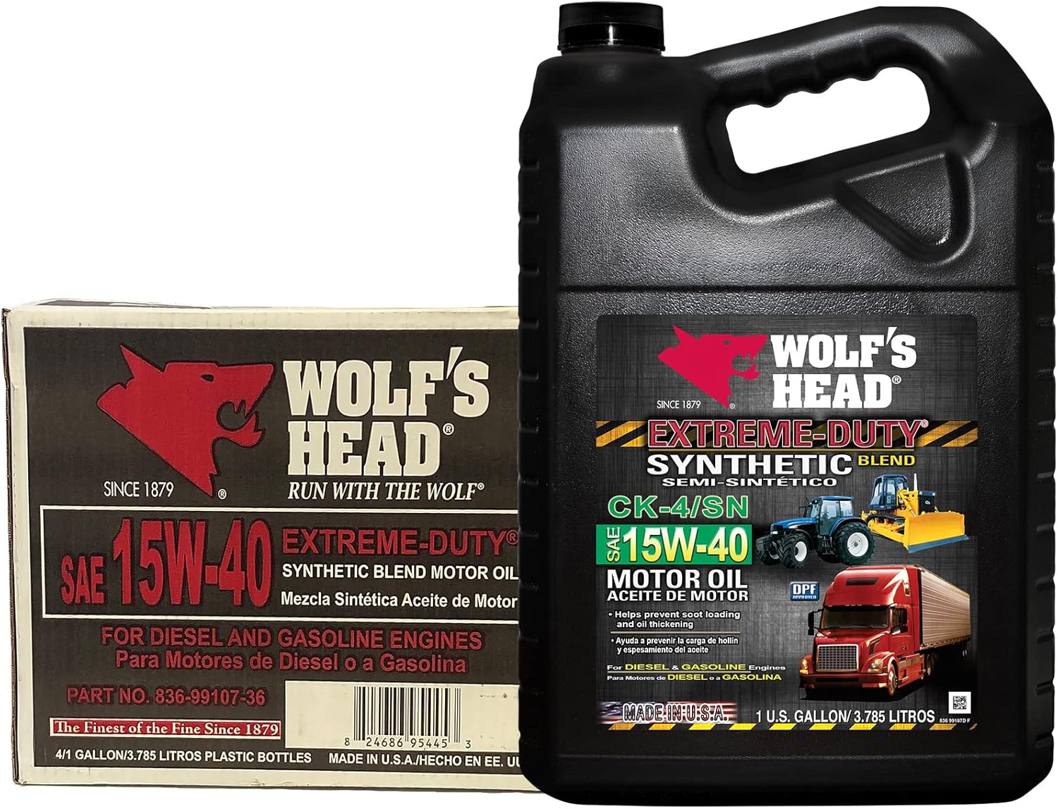 Wolf's Head Extreme Duty 15W-40 Synthetic Blend Diesel Engine Oil (836-99107-36) 1 Gallon Bottle, Pack of 4 | Made in USA