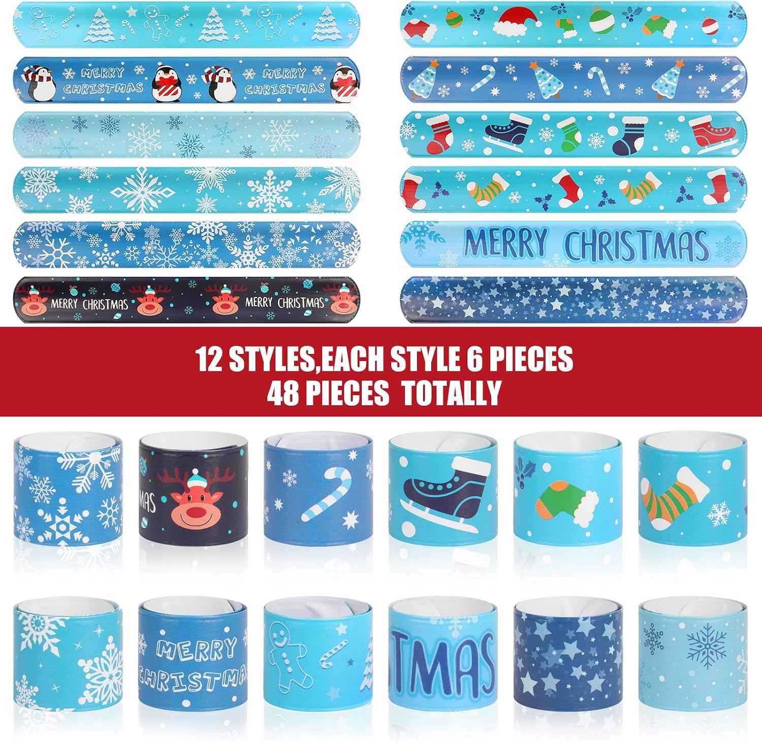 CCINEE 48Pcs Christmas Slap Bracelets，Xmas Snowflake Slap Wristbands Assorted Christmas Theme Pattern Snap Wristbands for Kids Xmas Frozen Party Favors Gift Bag Filler image 3