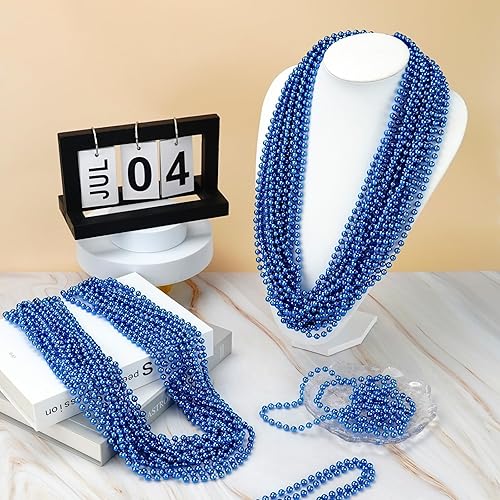 Miniatura 6 de YAXINRUI 12 PCS Blue Bead Necklaces, Mardi Gras Christmas Bead Necklaces, Blue Patriotic Necklace, 33 Inch Round Beaded Necklaces for Mardi Gras 15