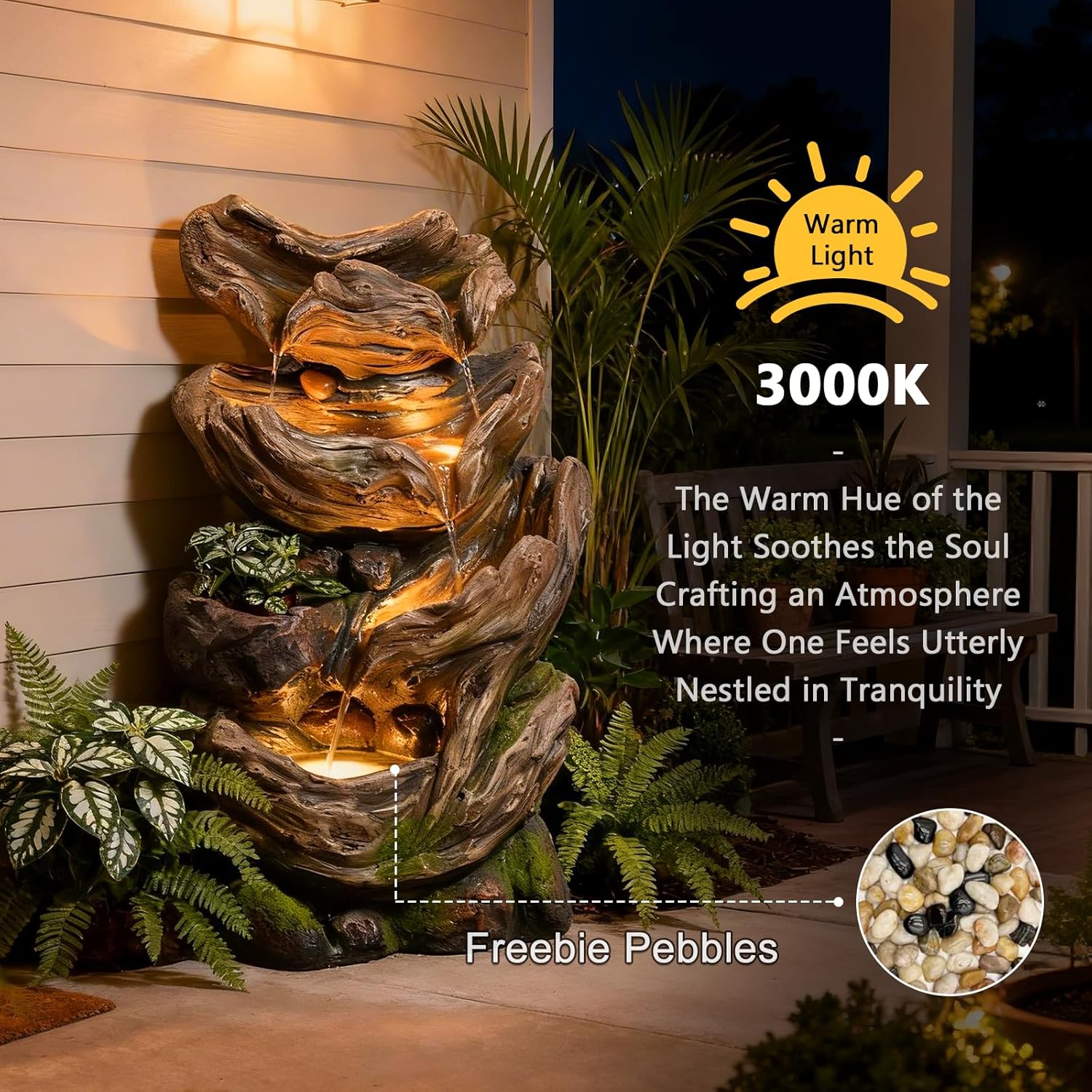 25.2" H 4-Tier Outdoor Water Fountain with LED Lights and Planter Pot, Cascading Wood-Look & Moss Waterfall Floor Fountain for Garden, Patio, Yard, Porch, Deck, Outdoor & Indoor Decor