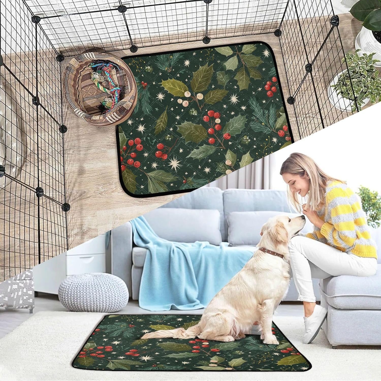 Green Christmas Holly Berries Pine Needles Leaves Washable Pee Pads for Dogs Reusable Puppy Pad 3Pack Super Absorbent Non Slip Lightweight Protect Small Pet Pads Couch Playpen Housebreaking 2