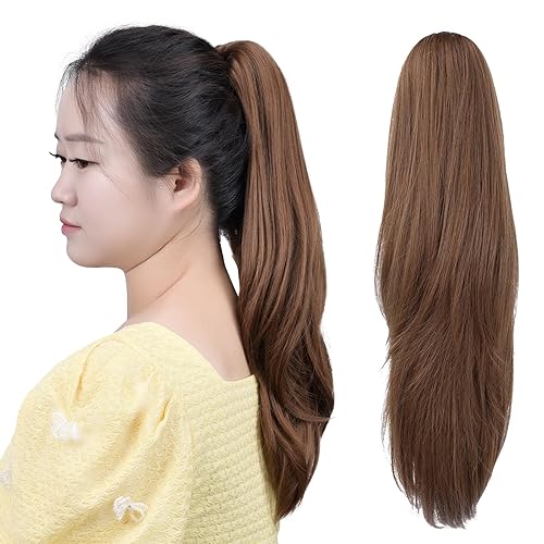 Extensiones de cabello sintético con clip marrón para cola de caballo, 18 pulgadas, lacio, 4.2 onzas, postizos falsos para mujer, Yaki esponjoso,