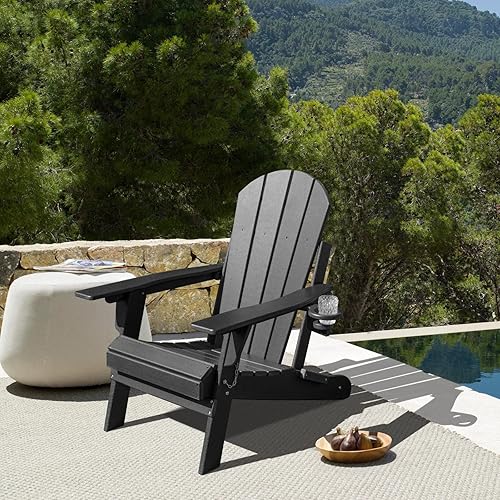 Lepdep Silla plegable Adirondack moderna ajustable de plástico para exteriores, resistente a la intemperie, 3 posiciones con soporte para tazas,