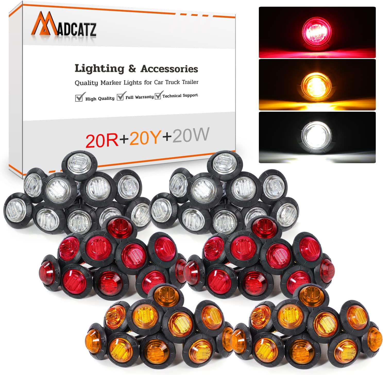 MADCATZ Mix 60 Pcs 3/4 Inch Amber/Red/White 3 LED Round Side Marker Fender Lights Clearance Lamps for Truck Trailer Boat 12V DC
