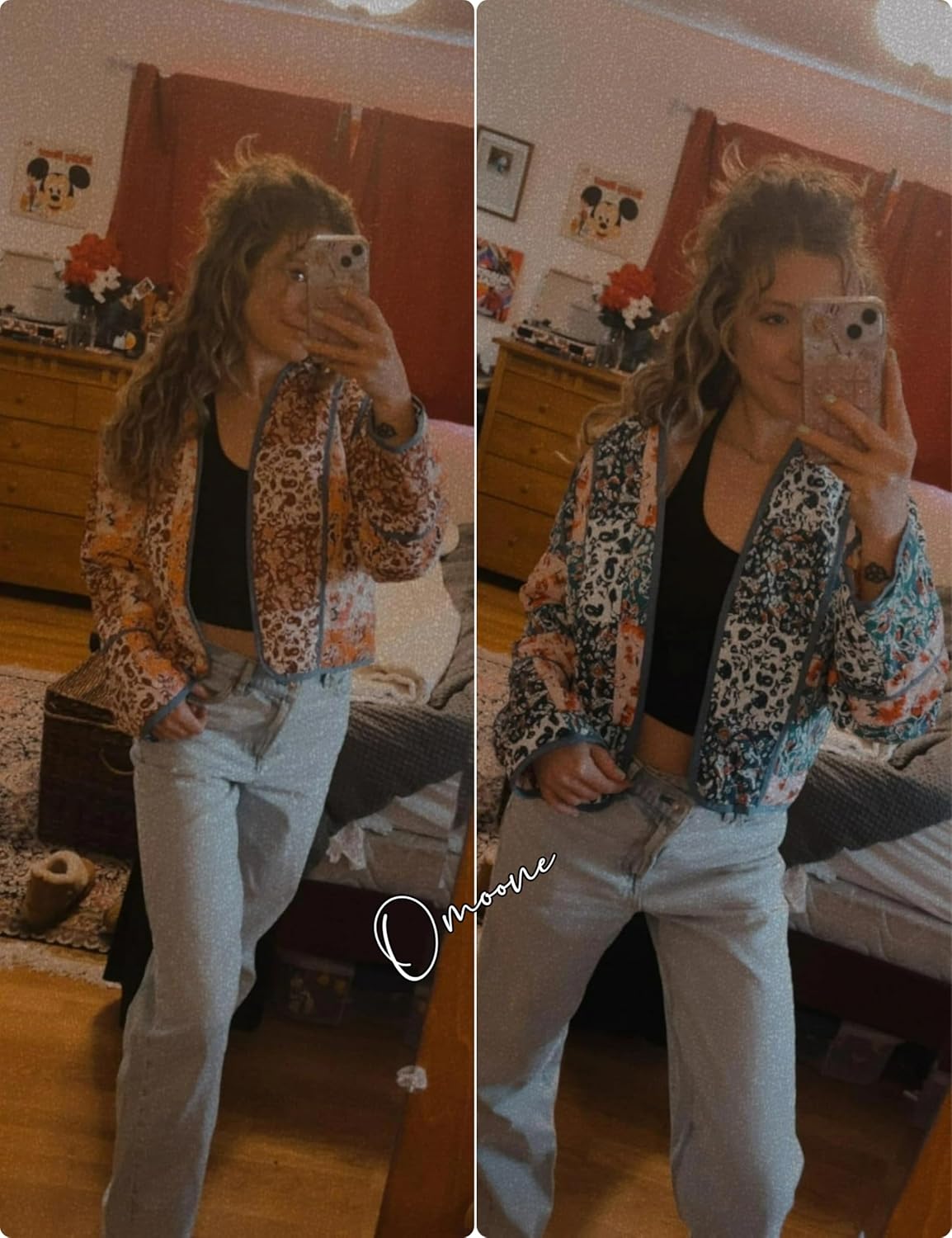 Omoone Women's Cropped Floral Reversible Quilted Jacket Cardigan Printed Lightweight Open Front Padded Puffer Coat - Image 8