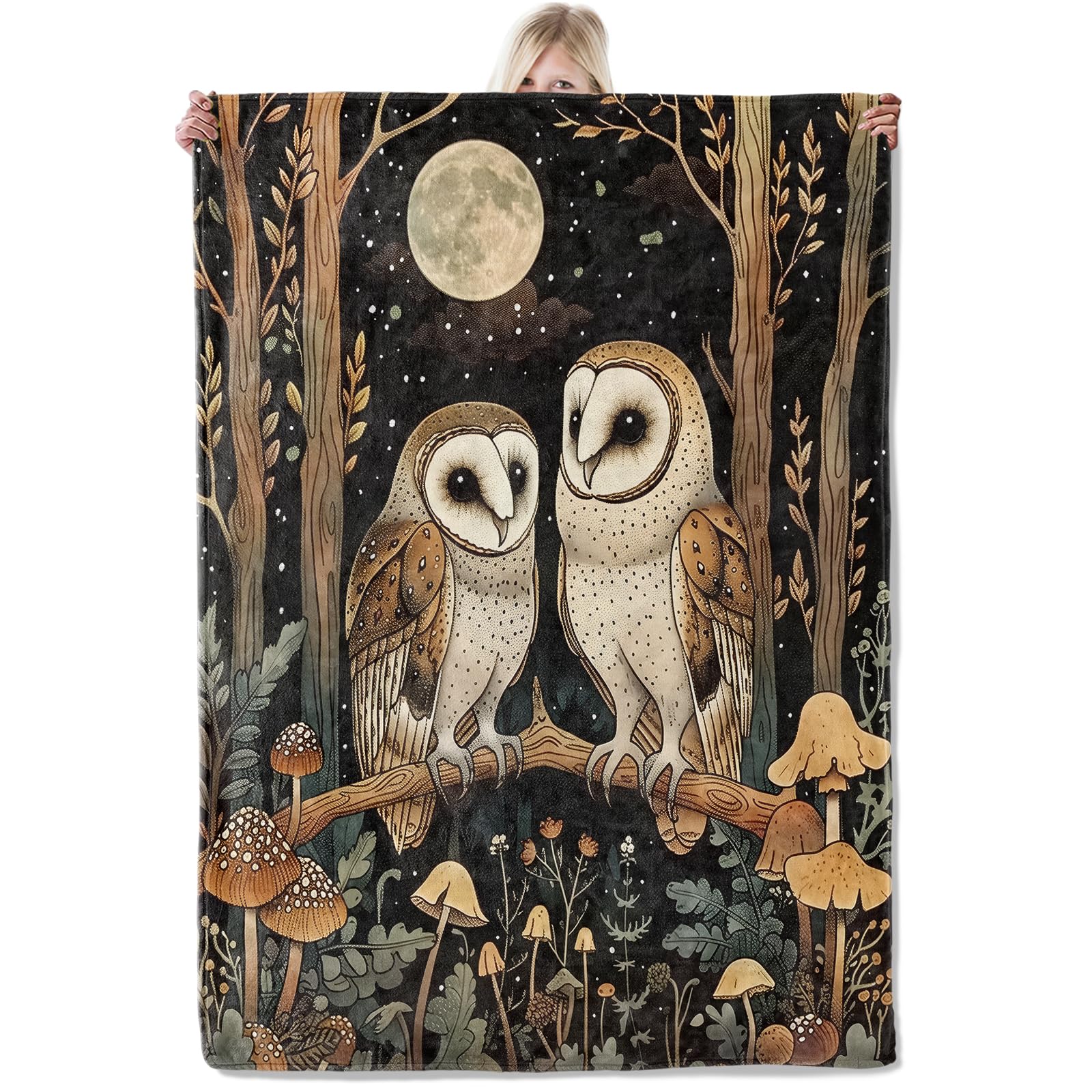 ICAAV Moonlit Owl Couple Flannel Blanket 50x60in,Enchanted Forest Mushroom Night Scene,Soft Lightweight Throw for Bird Lovers,Cottagecore Decor,Nature