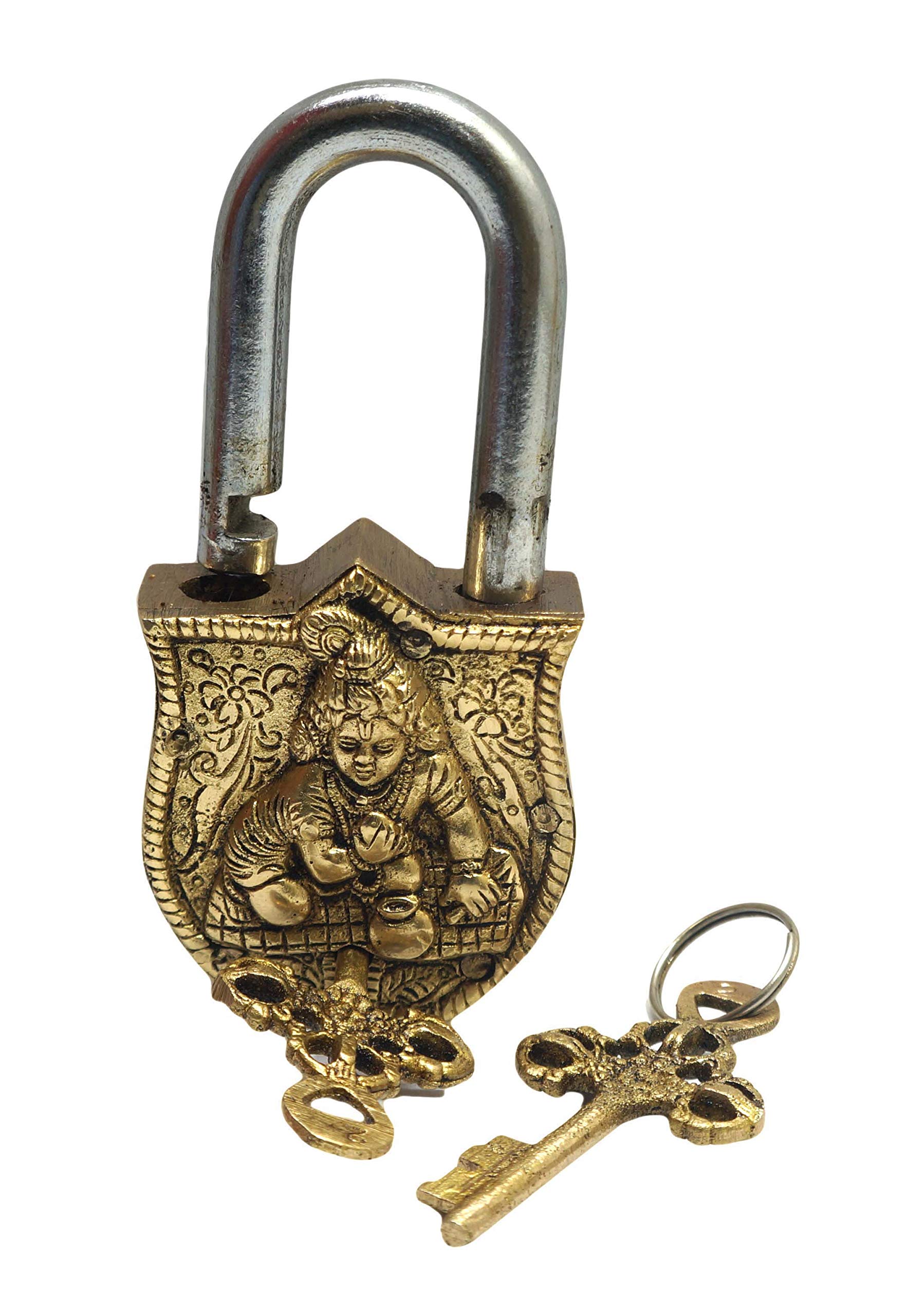 Brass Tiger Design Padlock With 2 Keys - Antique Functional Lock