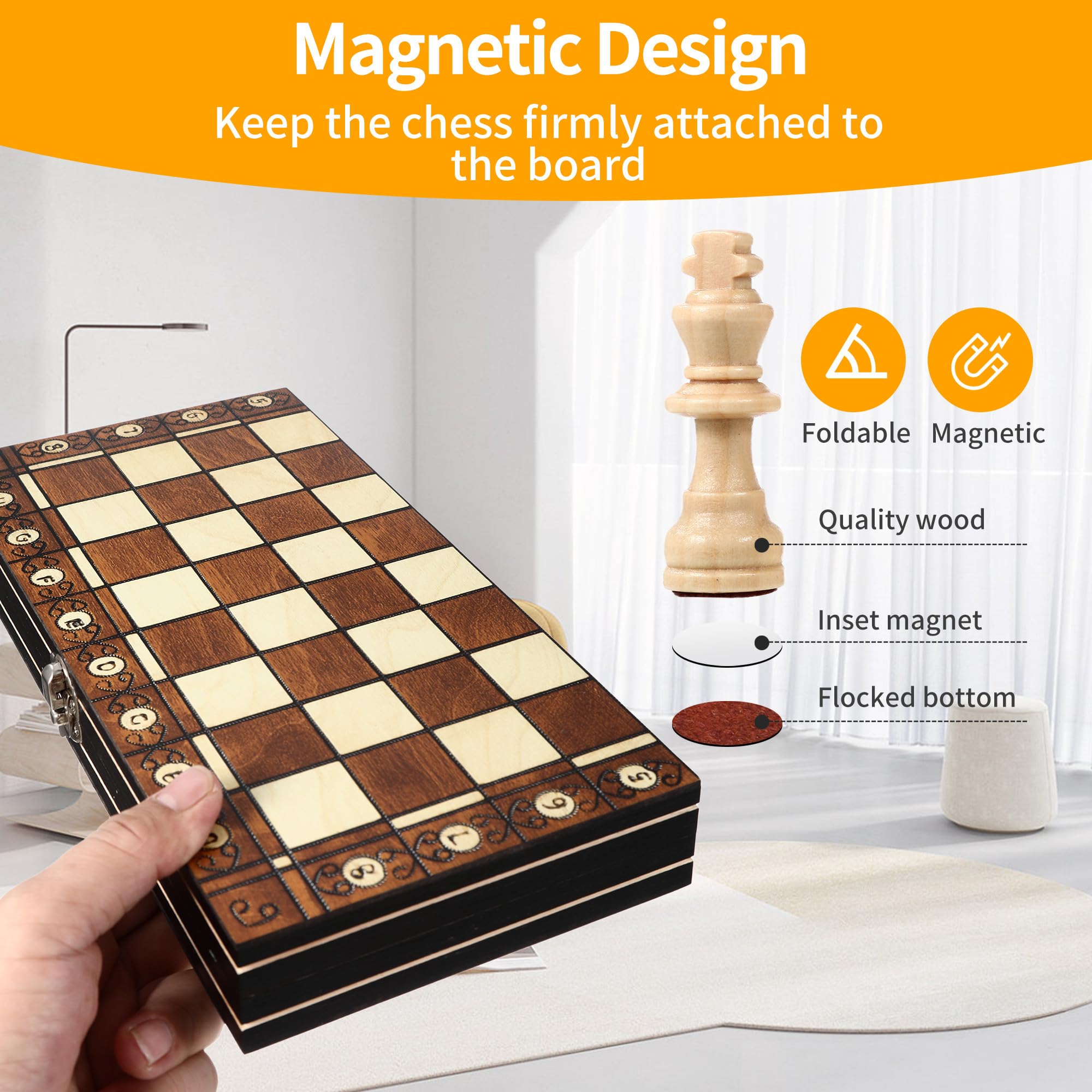 Scacchiera Professionale magnetico, Scacchiera In Legno 3 in 1, Scacchiera Portatile set 29 x 29 cm, Scacchi Magnetici per bambini, ideale per feste, attività in famiglia, ideale per i viaggi