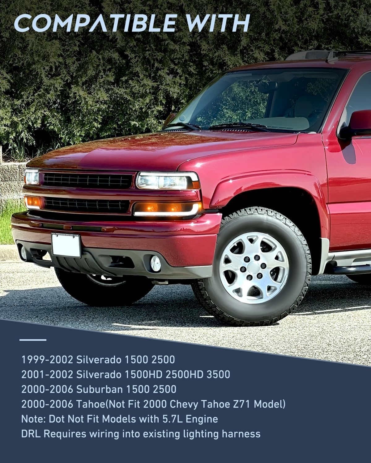 Nilight LED DRL Headlight Assembly for 1999 2000 2001 2002 Chevy Silverado 1500 1500HD 2500 2500HD 3500 Chevrolet Tahoe Suburban Replacement Headlamp Clean Lens Black Housing Amber Bumper Lights Set