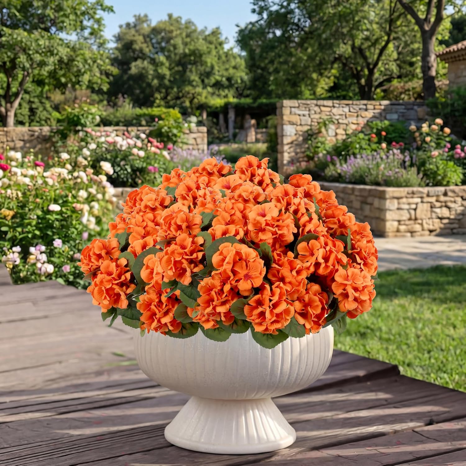 6 Pcs Artificial Geraniums for Outdoors Fake Orange Flowers UV Resistant Silk Faux Fall Flowers for Window Box Summer Patio Home Kitchen Decor (Orange)