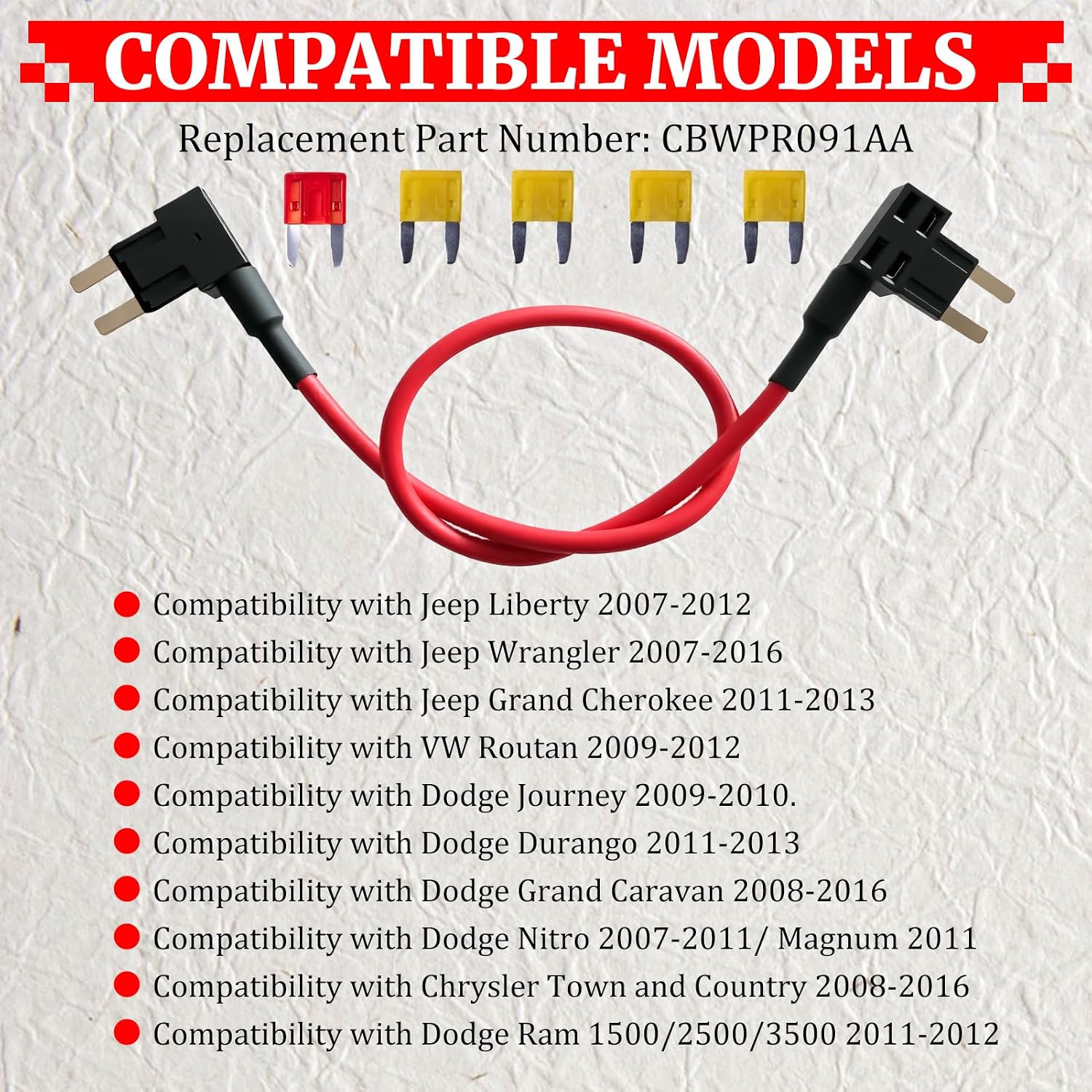 Red TIPM Repair Fuel Pump Relay Bypass Cable Fit for 2007-2016 Dodge Ram 1500 2500 3500 14AWG WIRE/20AMPS