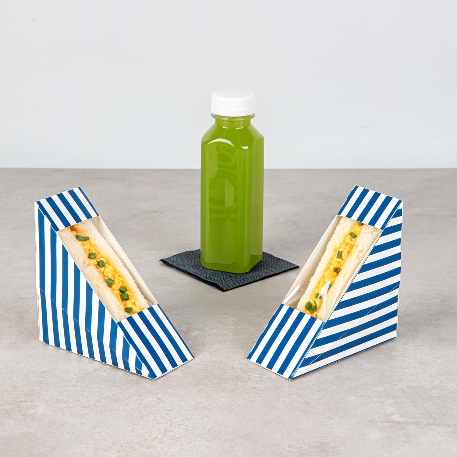 Restaurantware Cafe Vision 4.8 x 2 Inch Sandwich Paper Boxes, 200 Small Sandwich Wedge Boxes - With Window, Disposable, Blue And White Paper Triangle Sandwich Containers, Striped, Grease-Impervious