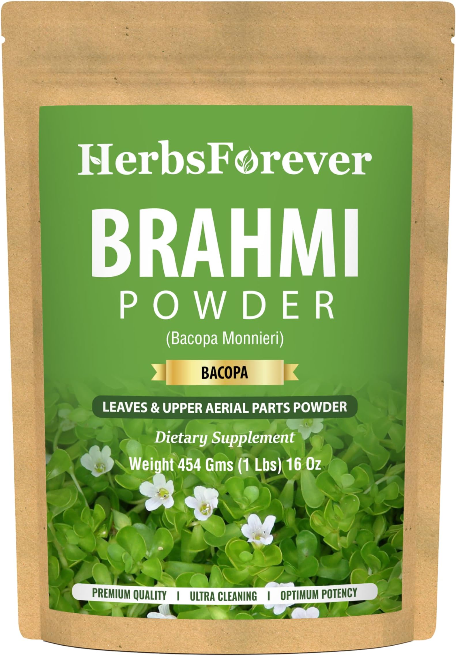 Brahmi Powder โ Bacopa Monnieri โ Supports Focus, Concentration, Alertness โ Non GMO, Organic, Vegan โ 454 GMS