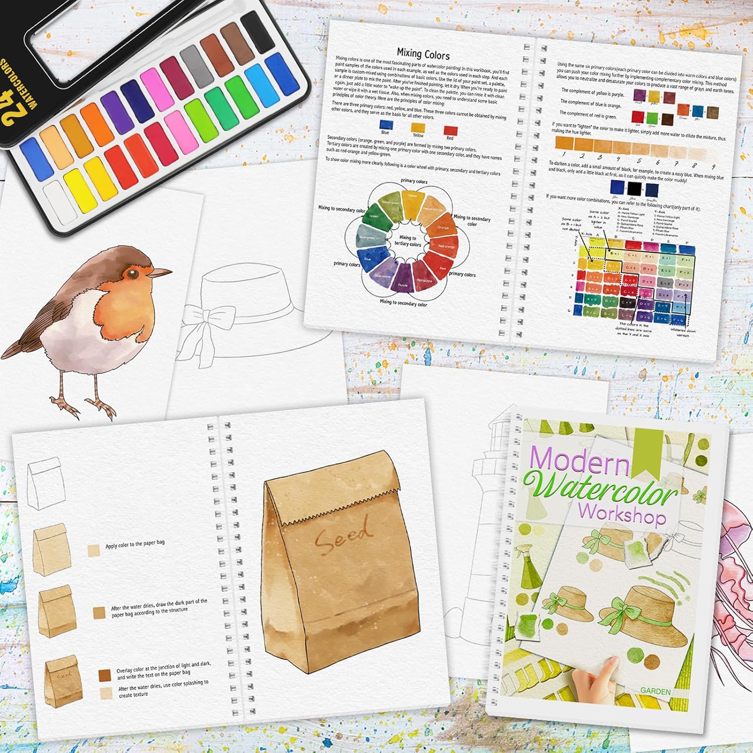 4Pcs Watercolor Workbook with Step by Step, Water Coloring Book with 48 Patterns, Beginner-Friendly Watercolor Workbooks with 24 Paint Colors, Valentine's Day Stress - Relieving Gift for Women