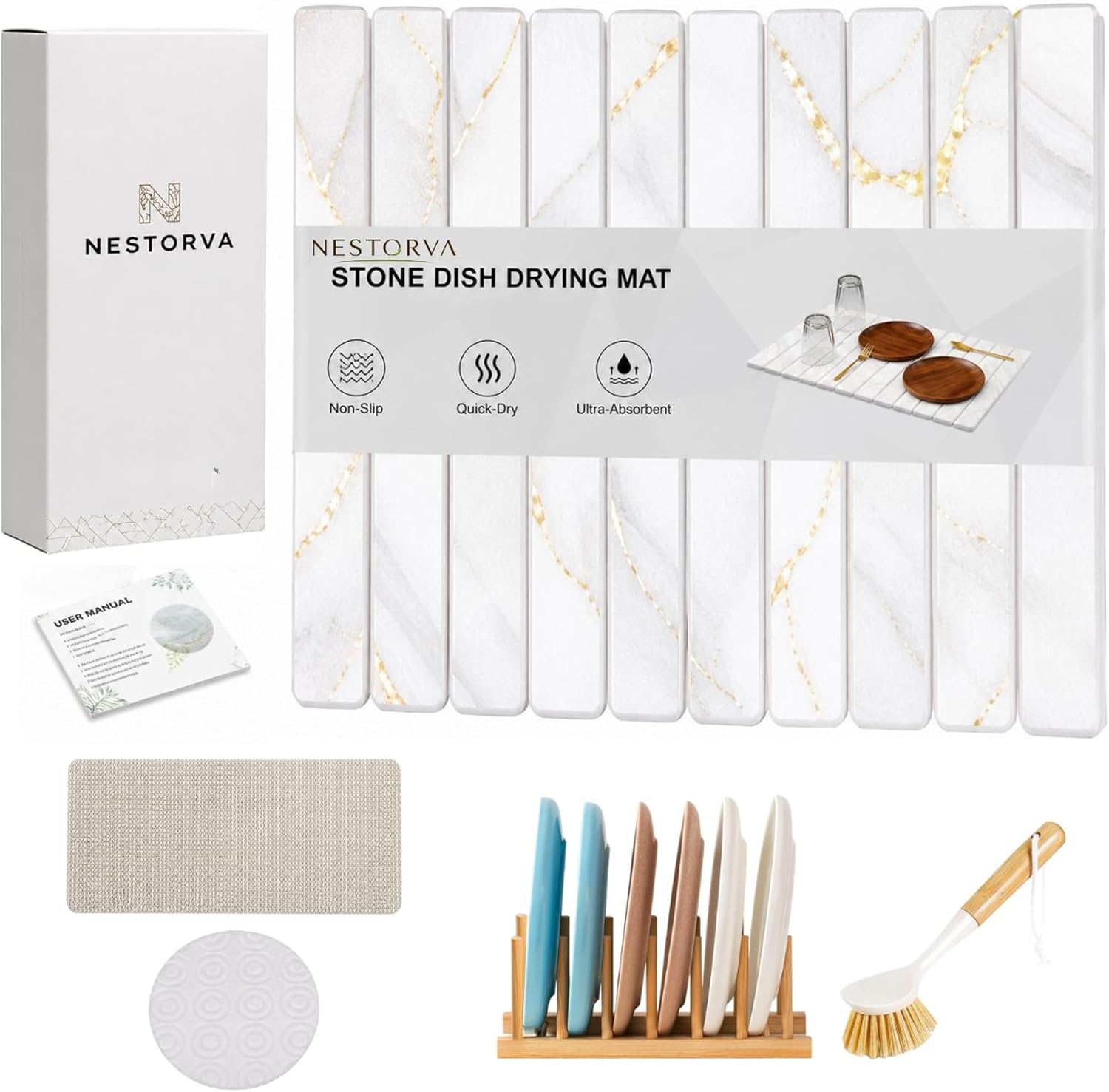 Dish Drying Mat, Large Stone Dish Drying Mat for Kitchen Counter 24" x 16", Foldable Diatomite Drying Stone Counter Mat with Non-Slip Base, Foldable Quick Dry Dish Drying Mats【White】