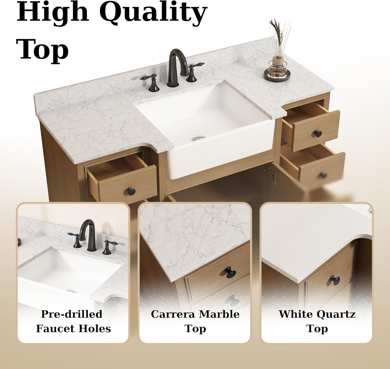 60" Bathroom Vanity with Sink Set, Vintage Single Bath Vanity with Engineered Top, Wooden Cabinet with Farmhouse White Ceramic Sink, Soft Closing - Fully Assembled, Backsplash Included, Weather Fir