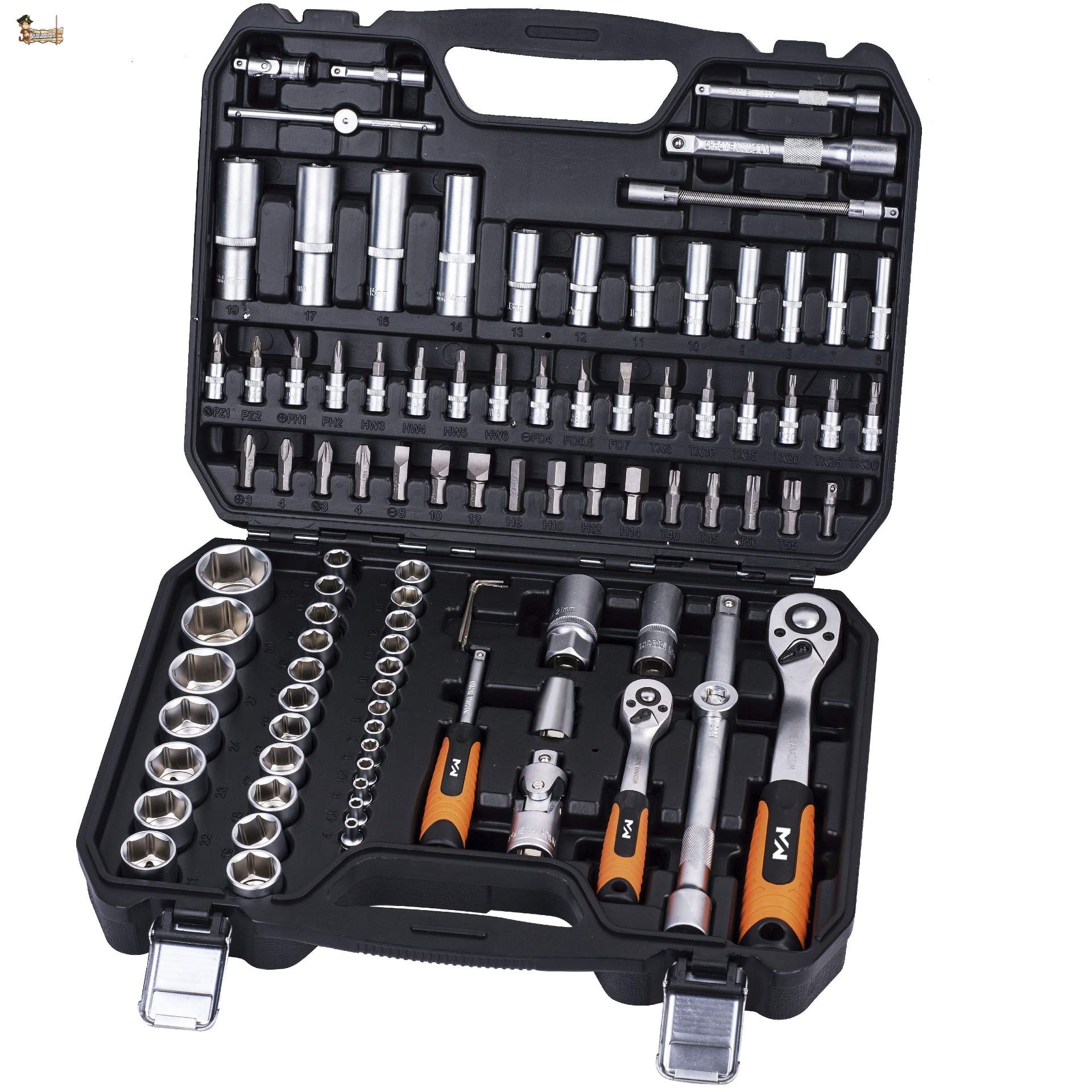 BricoLoco Valigetta Set Chiavi a Bussola e Cricchetto 1/4" e 1/2" 94 Pezzi Qualità Professionale: Realizzato in Acciaio Cromo Vanadio Robusta Valigetta con Chiusura Metallica.