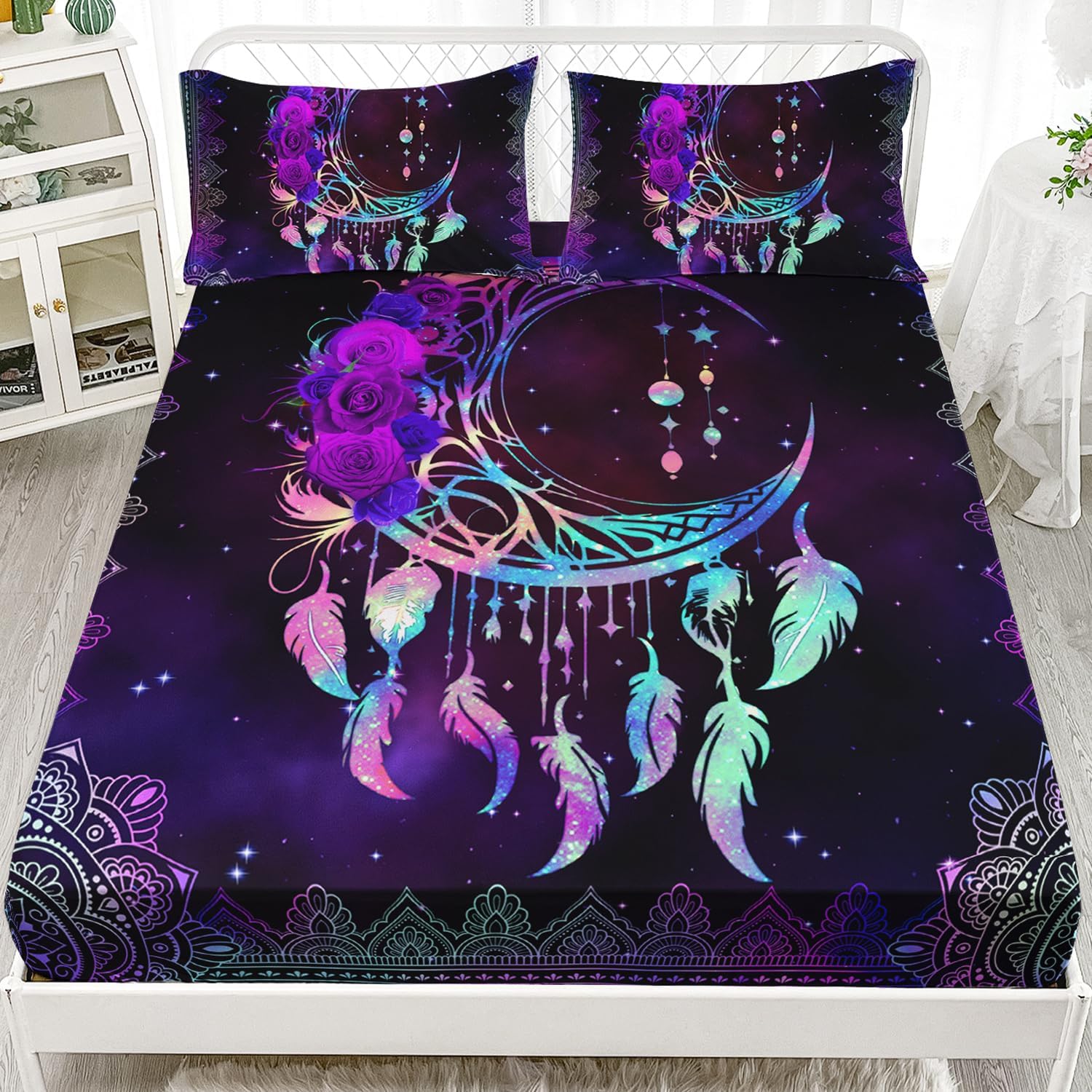 AILONEN Purple Galaxy Moon Fitted Sheet Set Full Size, Mandala Bohemian Moon Bed Sheet Set,Dreamcatcher Sheet Set 3 Pieces, 1 Fitted Sheet and 2 Pillowcases Moon10 Full