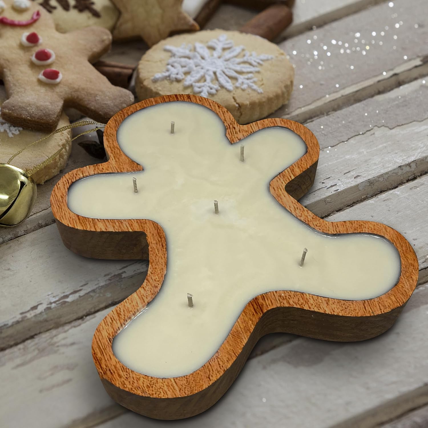 Dough Bowl Candle Co. Christmas Candles - 12x10x2 Inch Gingerbread Man Christmas Decor Candle in 100% Soy Wax, Wooden Holiday Bowl with 80 Hour Burn Time and Cookie Scented Essential Oil