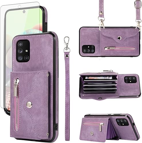 Funda para teléfono Samsung Galaxy A71 5G con protector de pantalla de vidrio templado y correa cruzada para la muñeca, cordón para tarjeta de
