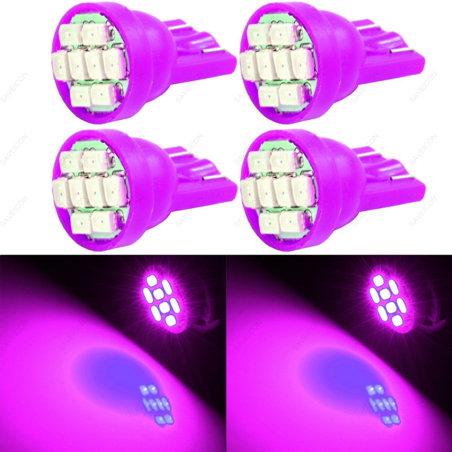SAWE - T10 8-SMD LED Car Lights Bulb W5W 147 152 158 159 161 168 184 192 193 194 2825 (4 pieces) (Pink/Purple)