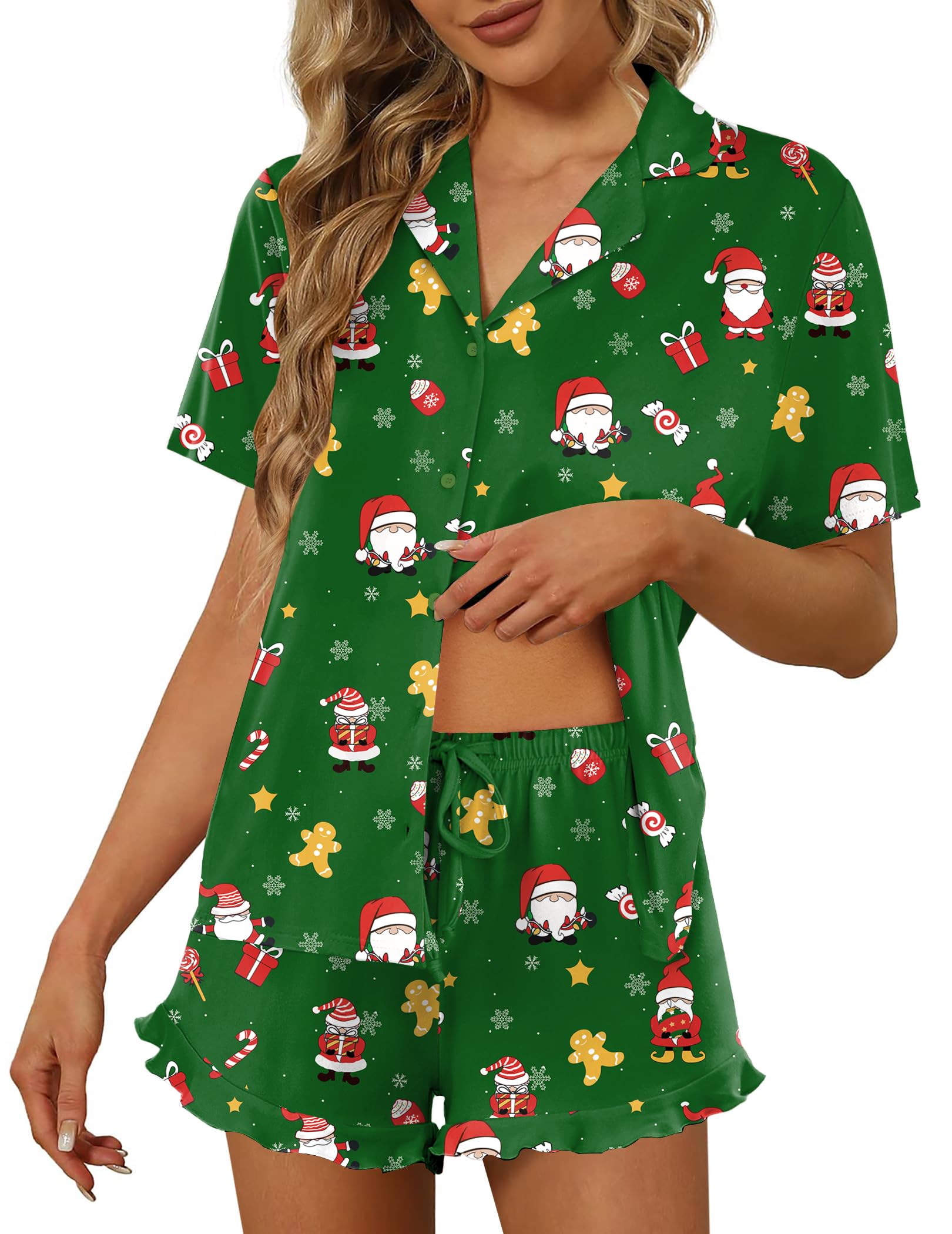 Ekouaer Pajamas Set for Women Short Sleeve Sleepwear Button Down Ruffle Pjs | Soft Pjs Shorts Set, Notch Collar, Lounge Sets for Sleep, Lounge, Wedding, Bridal Party