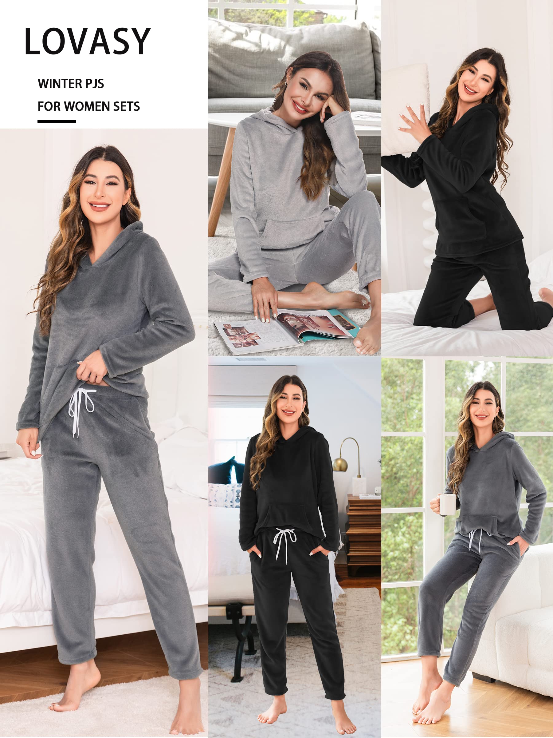 Lovasy Pigiama in Pile Donna Invernali Pigiami Due Pezzi a Maniche Lunghe | con Cappuccio Set Pigiama Caldo Comodo e Soffice con Tasche