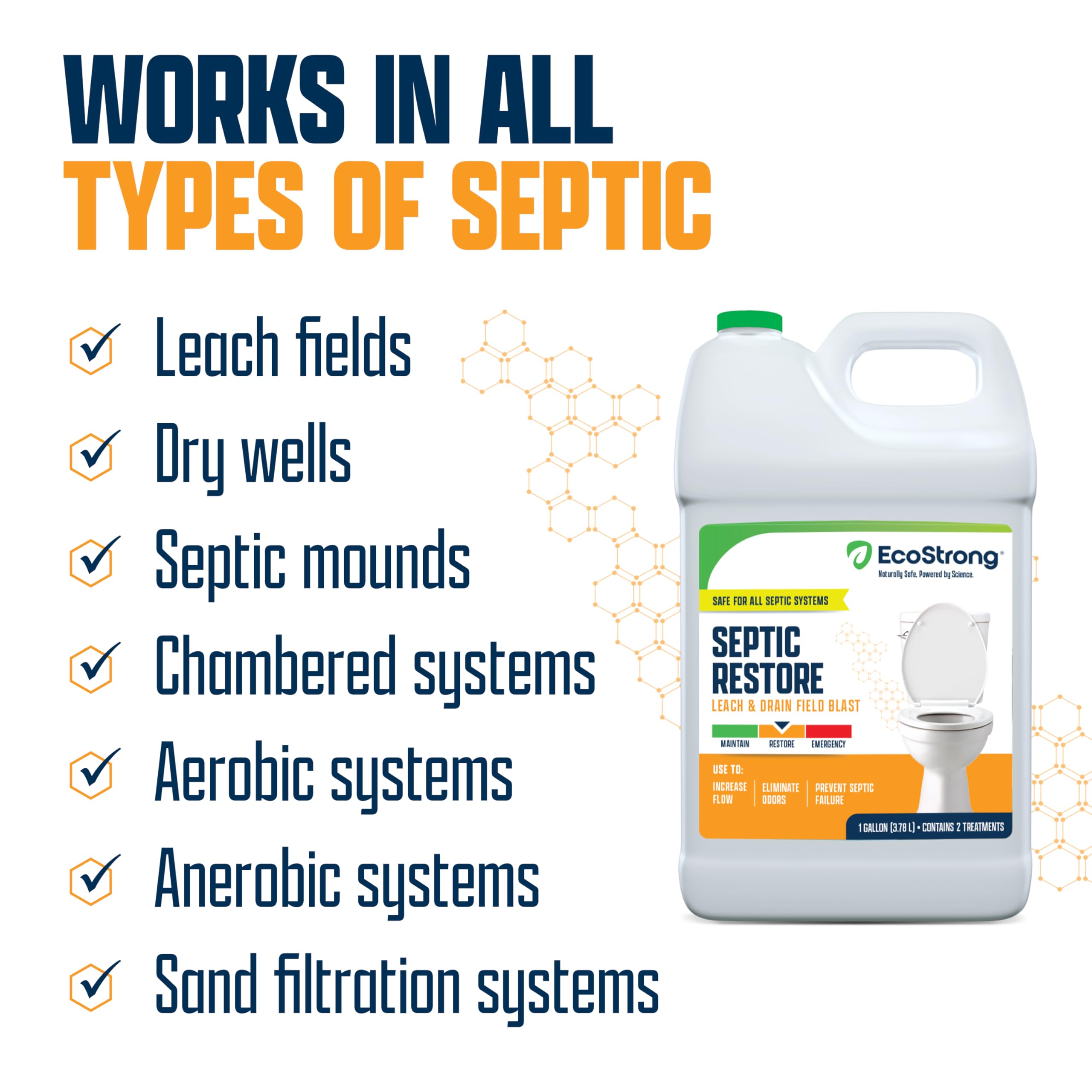 Eco Strong Trattamento del campo di drenaggio settico e liscivia | Il detergente bio-enzimatico rompe e digerisce gli intasamenti | Rimuove gli odori e il detergente principale (3,6 g)