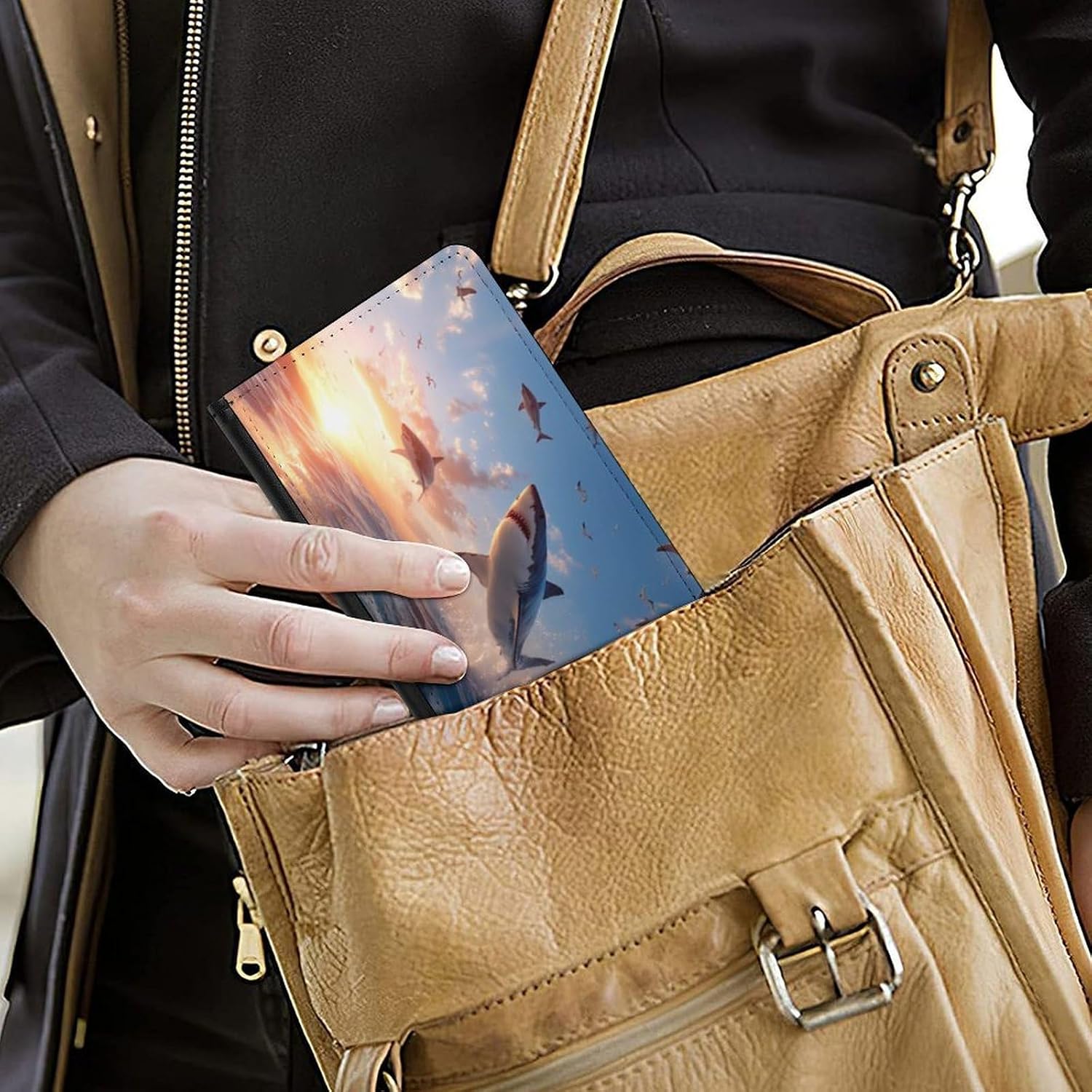 Sharks in The Ocean Sunset Funny Passport Holder Slim Travel Wallet Passports Cover Card Case with Slot