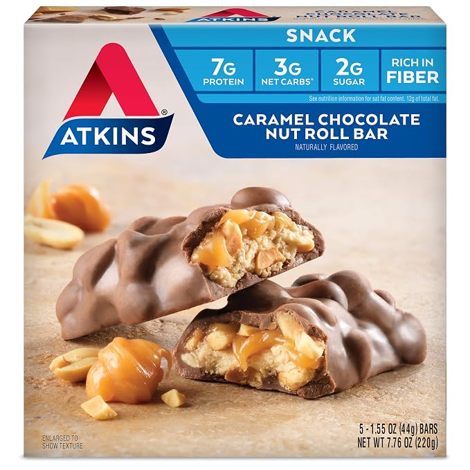 Atkins Snack Bar, Caramel Chocolate Nut Roll, Keto Friendly, 1.55 Ounce (5 Bars)