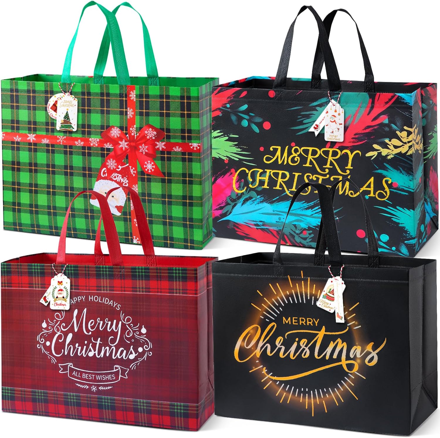 ZUIYIN 12Pcs Extra Large Christmas Gift Bags With Gift Tags, Gift Bags Reusable Shopping Bags have Santa Claus Plaid Merry Christmas ?Pattern of Gift Bag for Christmas Party, Christmas Surprise Green, Red, Blue