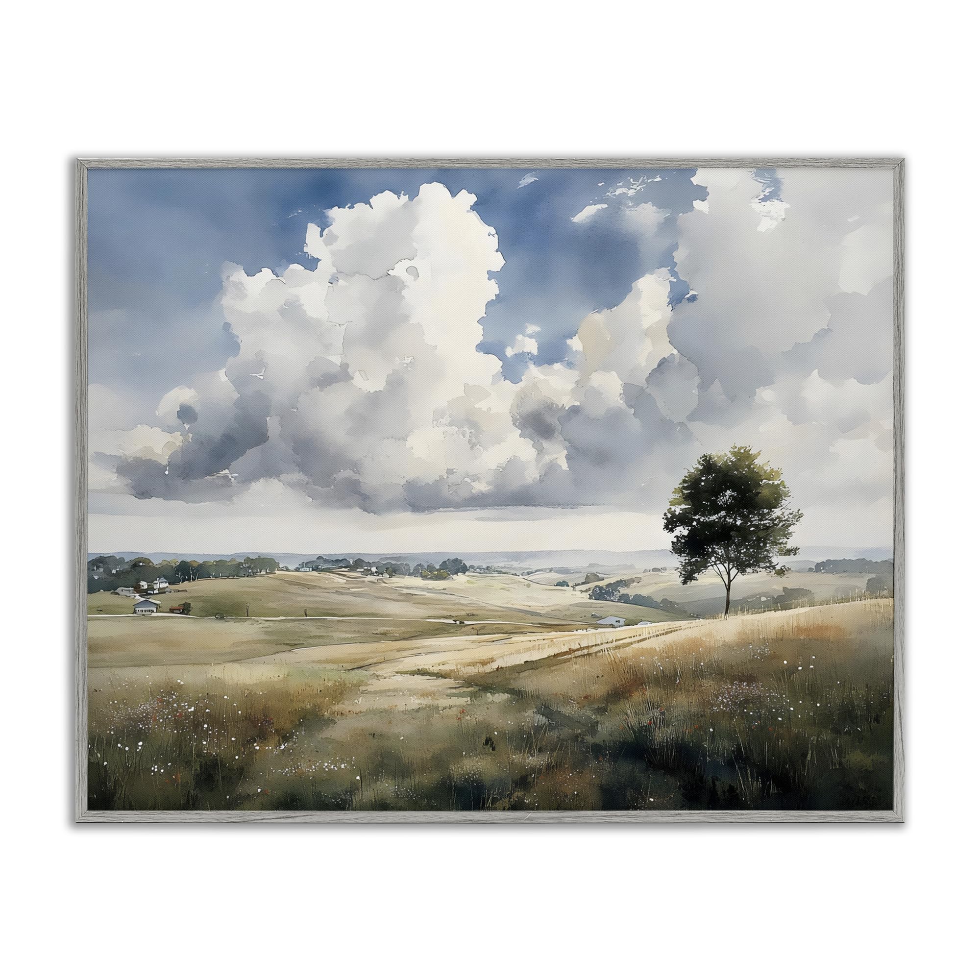 Serene Countryside Hills with Tree, impresión en giclée enmarcada de 11 x