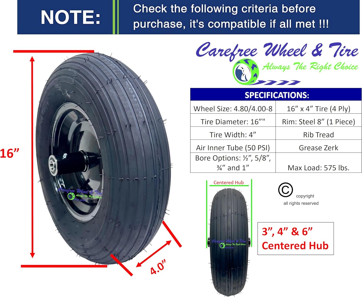 Carefree Wheeel & Tire 4.80/4.00-8 Pneumatic Wheelbarrow Wheel. Centered Hub and Choice of Bore Size (1 inch Bore, 4"" Centered Hub)