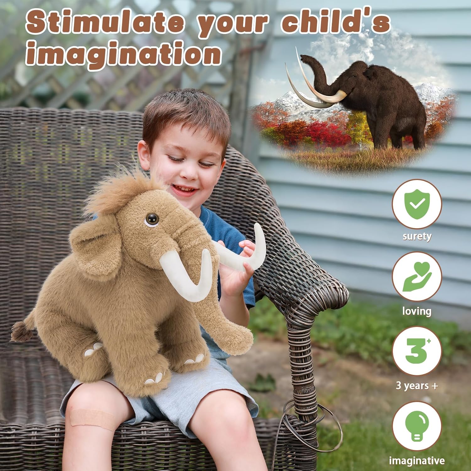 BENINY Woolly Mammoth Plush Toy, Cute Soft Elephant Stuffed Animal for Boys Girls Kids, 16" Cuddly Christmas Birthday Gift for Ancient Animal Lover