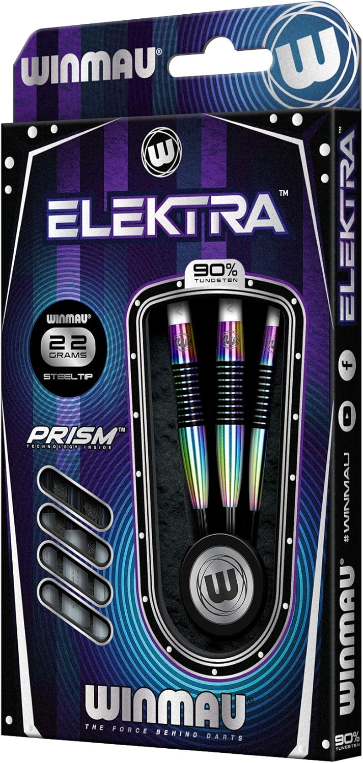 WINMAU Elektra 90% Tungsten Darts with Prism Flights and Vecta Shafts (Stems) 22g-24g-26g Weights Available - Urban Grip - Match Weighed - Streamline Torpedo Profile