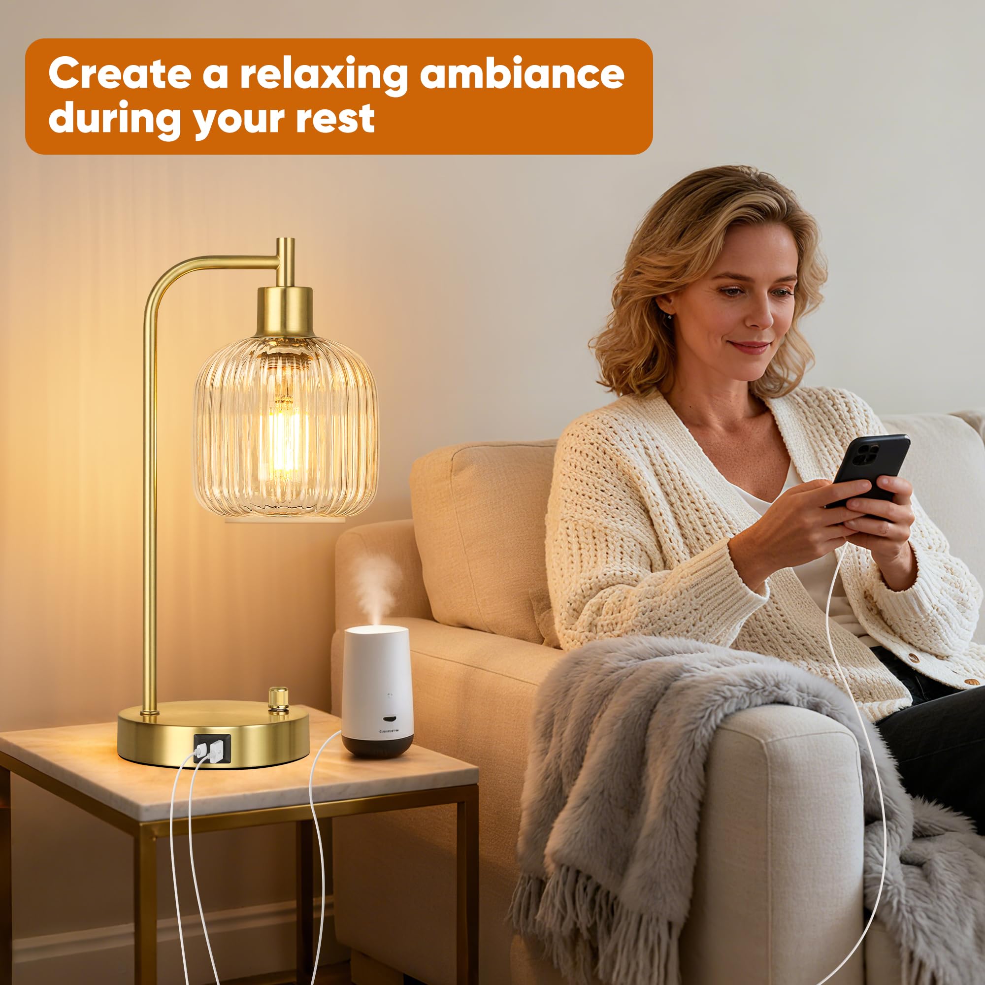 QiMH Industrielle Tischlampe für Schlafzimmer, 2er-Set, klares Glas mit USB-A- und C-Anschlüssen, stufenlose dimmbare Goldlampen, Nachttischlampen für Wohnzimmer, Büro, Heimdekoration (Leuchtmittel im