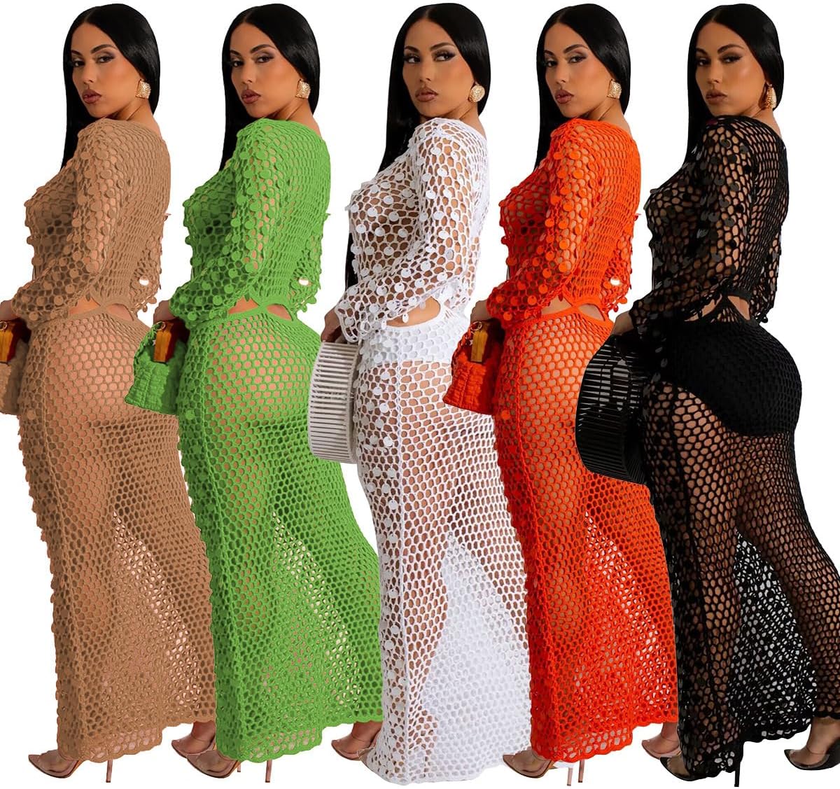 RanRui Women Sexy Long Sleeve Sequin Crochet Maxi Dress Cold Tummy Beach Cover Handmade Knitted Hollow Sequin Beach Dress