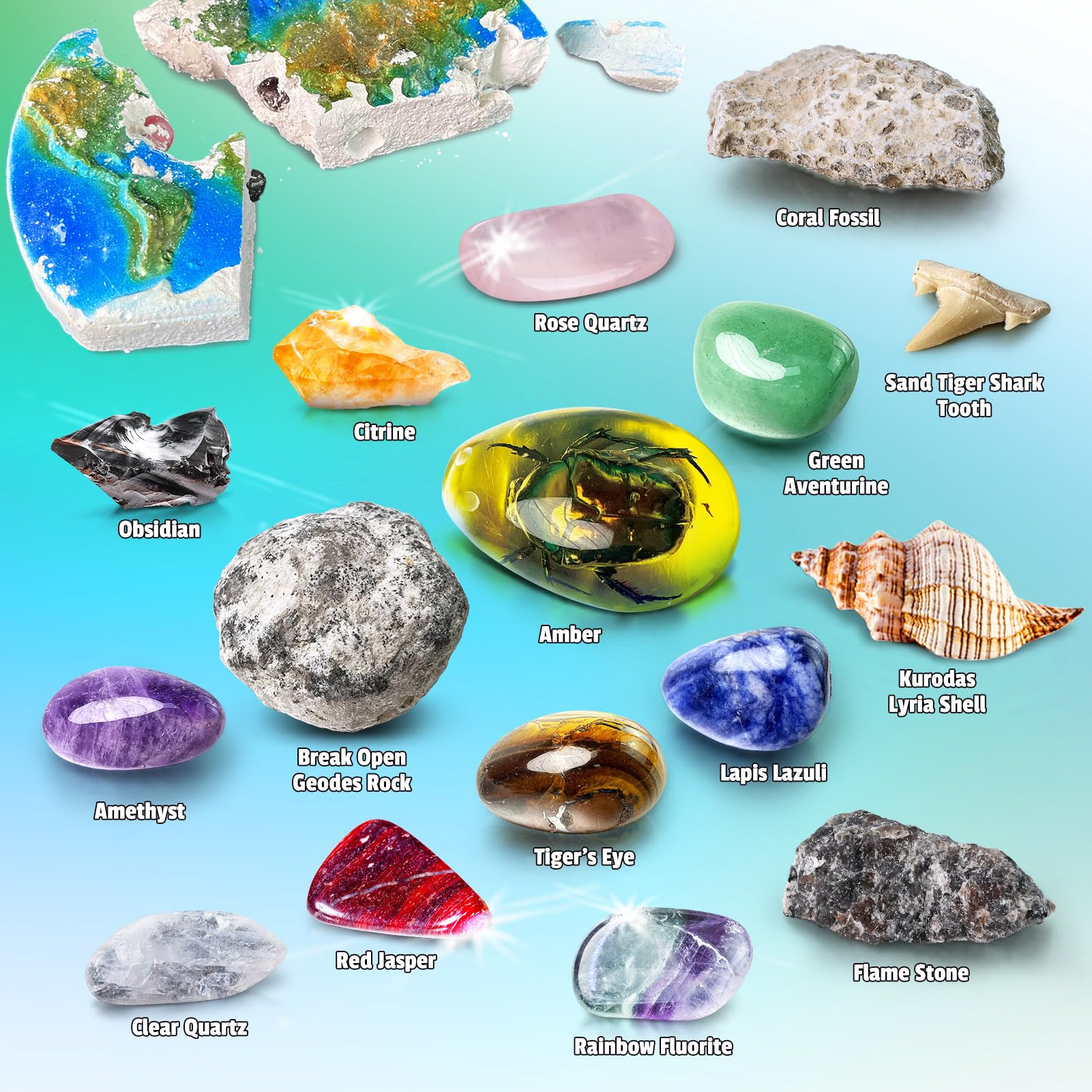 UNGLINGA Set di scavo di gemme per bambini, ragazzi e ragazze – Idea regalo per il compleanno con 15 vere gemme e fossili, incluso attrezzo, giocattolo educativo di geologia S.T.E.M