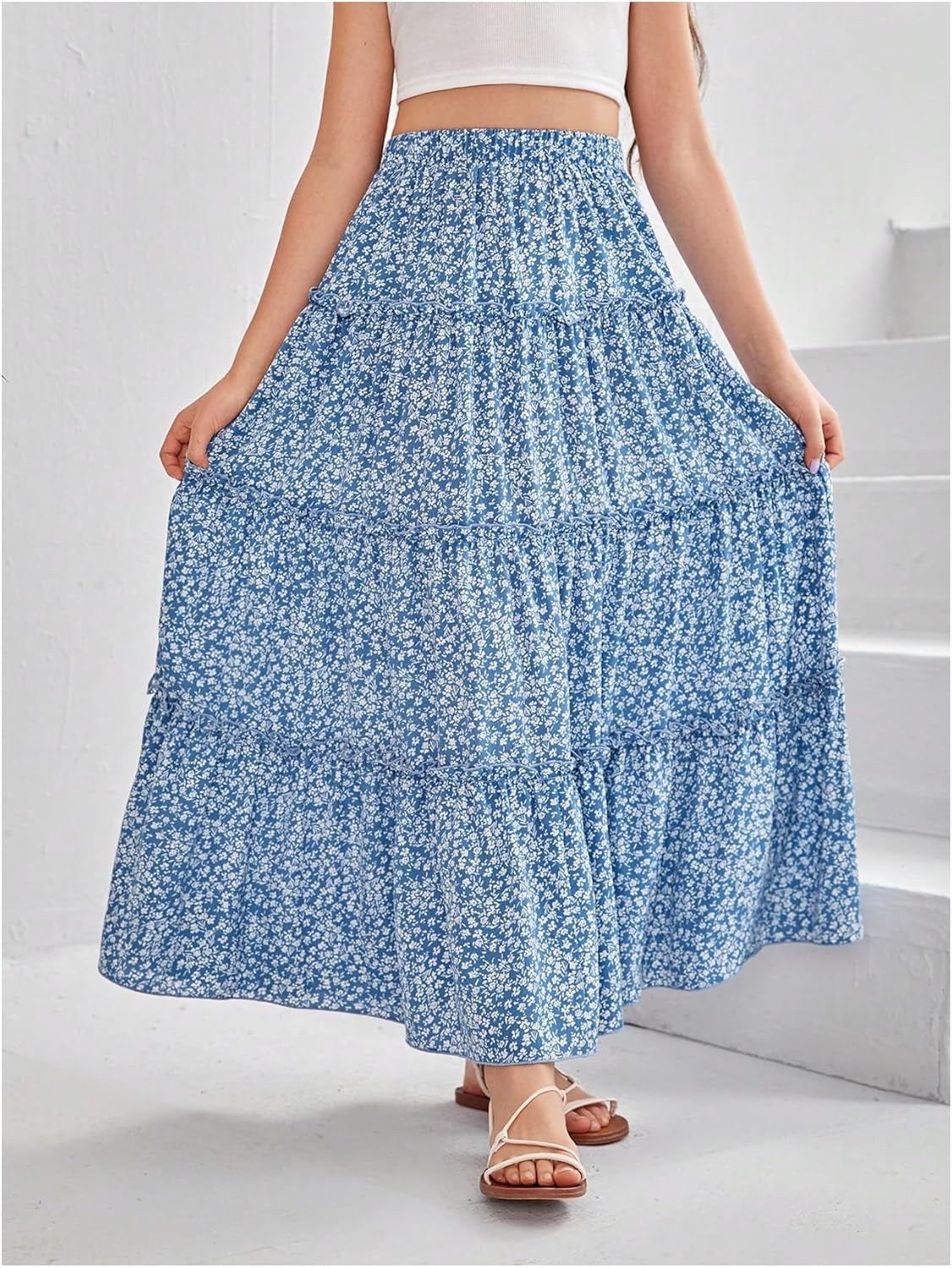 Verdusa Girl's Boho Summer Going Out Skirts Floral Print Ruffle Flowy Long Maxi Skirt - Image 3