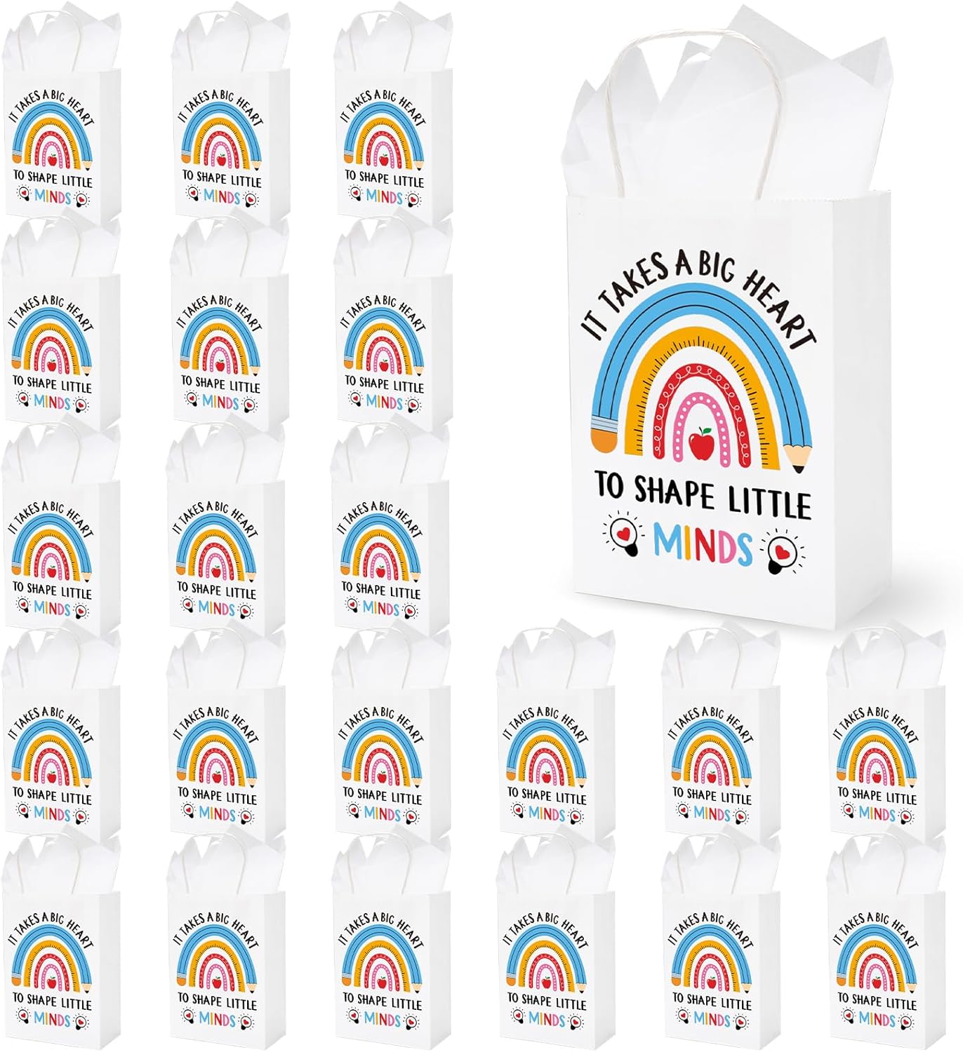 Whaline 60Pcs Teacher Appreciation Paper Bags with 75 Sheets Tissue Paper Pencil Rainbow Candy Treat Bags with Handles for Teachers' Day Back to School Party Favors Supplies