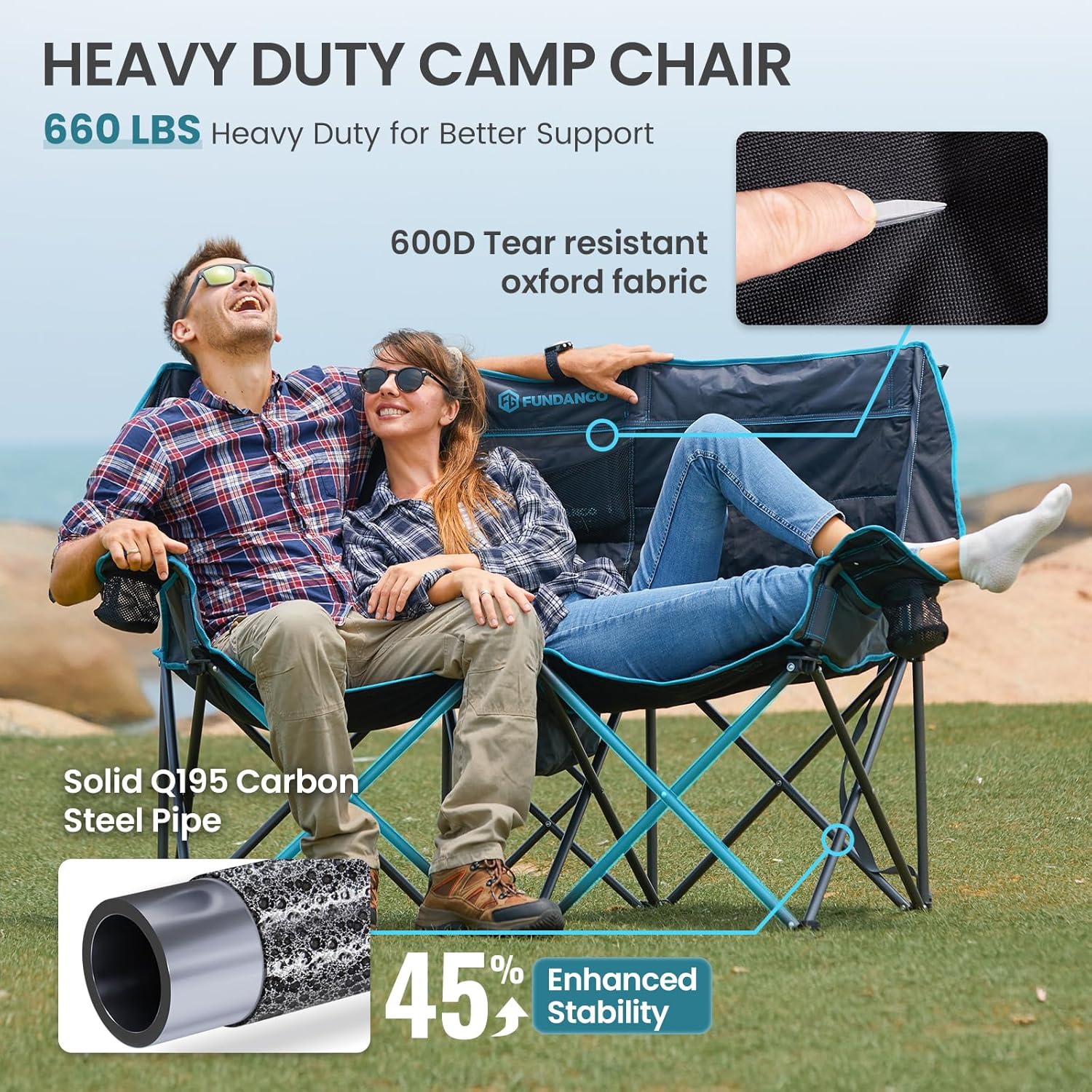 FUNDANGO Extra Wide Double Camping Chair for Adults with Cooler, Oversized 2 Person Loveseat, Padded Heavy Duty Two Person Folding Lawn Couch seat with Cup Holders for Outdoor, Camp, Sports & Lawn