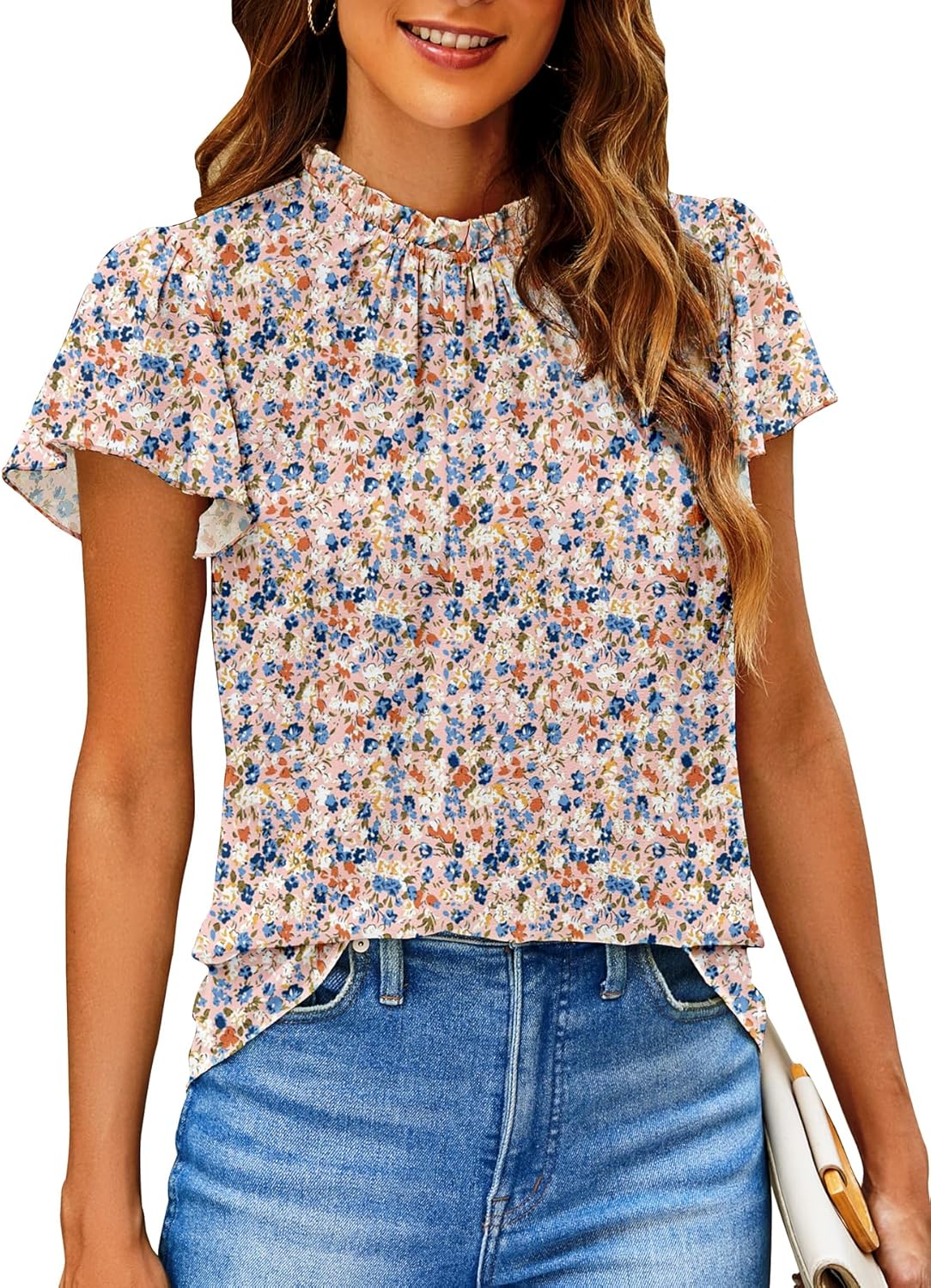 SimpleFun Women Boho Shirts Floral Ruffle Short Sleeve Mock Neck Flowy Casual Summer Blouses Tops