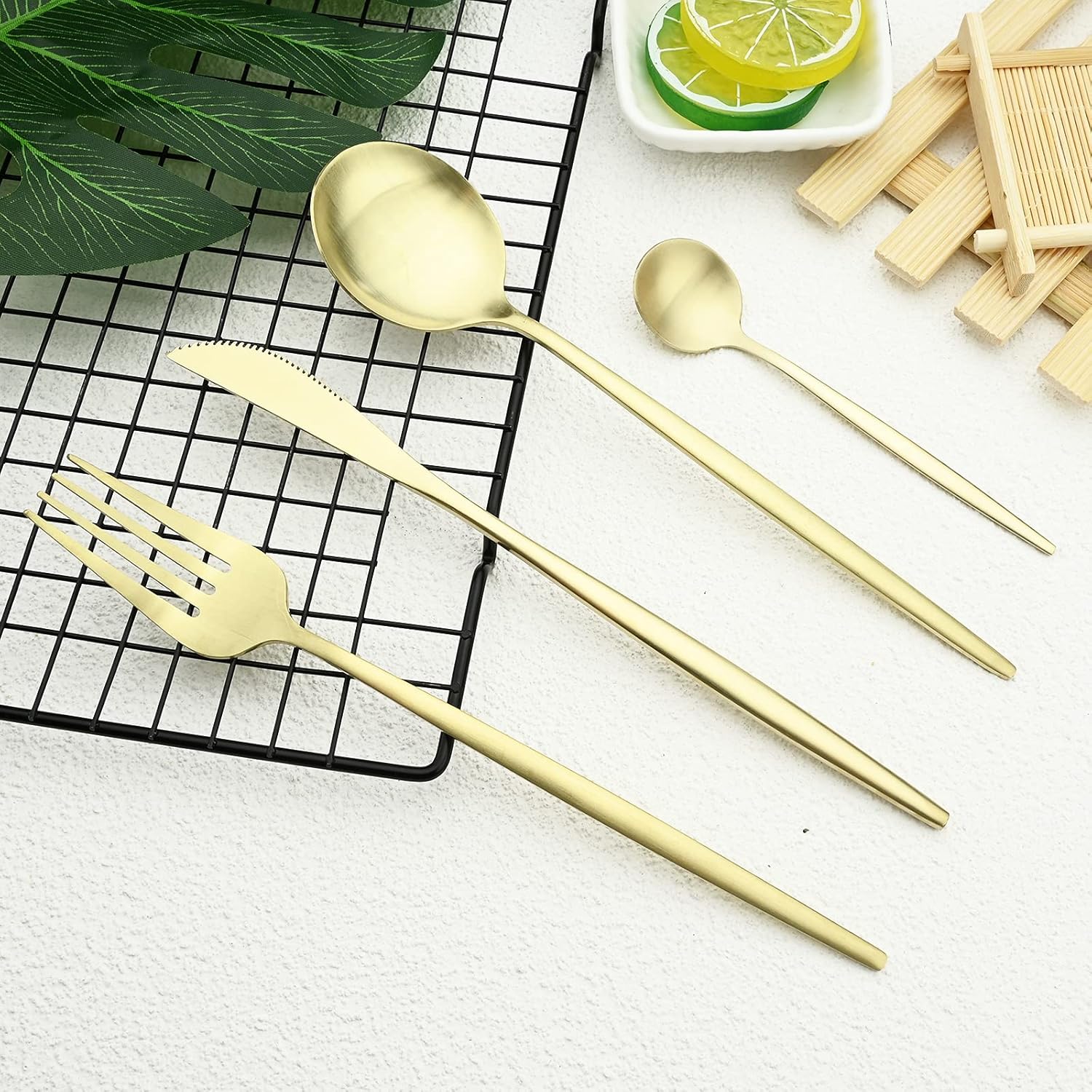 Matte Silverware Set, 24-Piece Satin Finish Stainless Steel Modern Flatware Set Service for 6, Flat Handle Cutlery Set for Home Wedding Gift-Champagne Gold